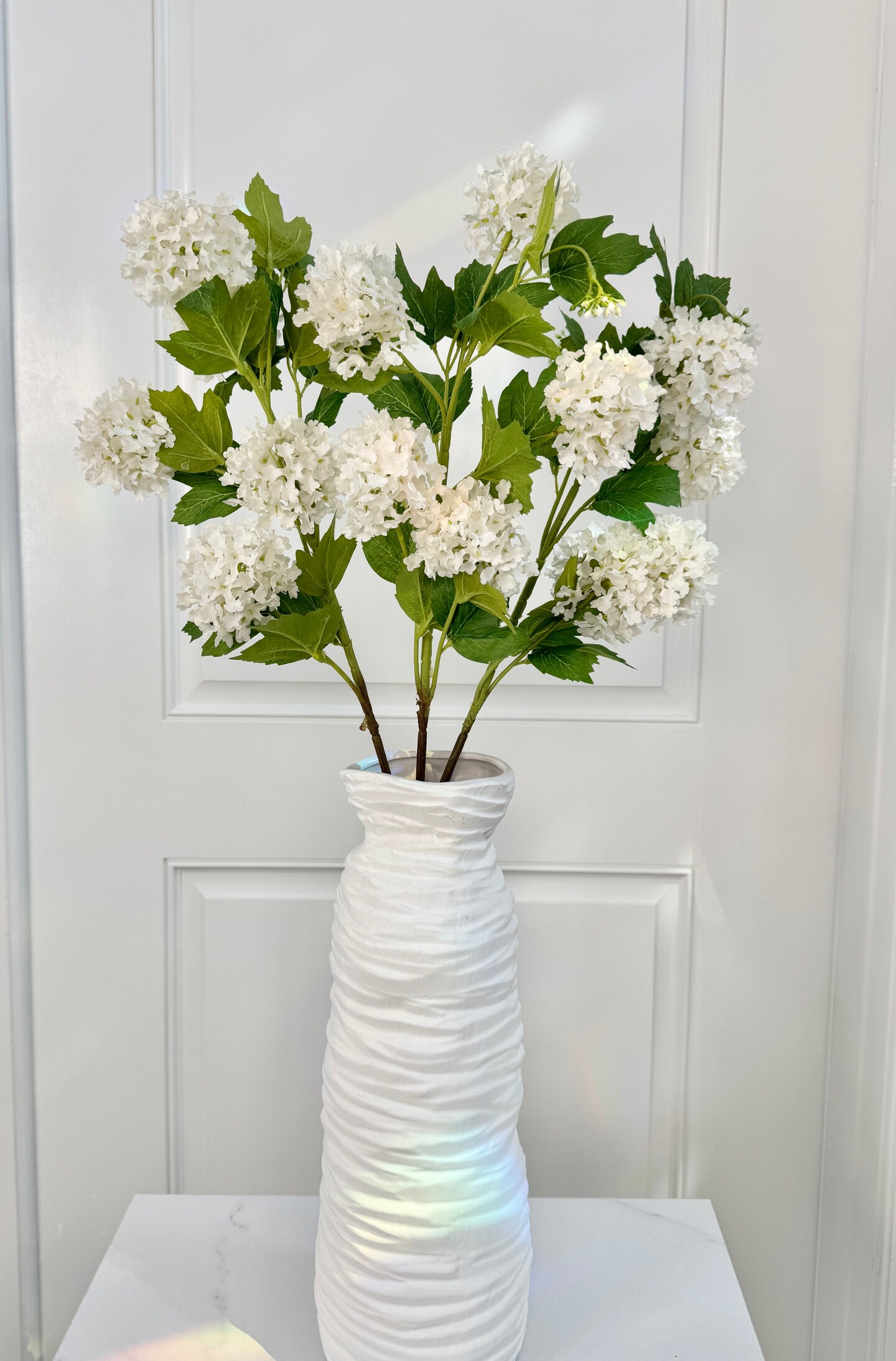 Evie Faux Snowball Hydrangea Spray, 30” White Artificial Flower Stems Set of 3 Realistic Silk Floral Decor