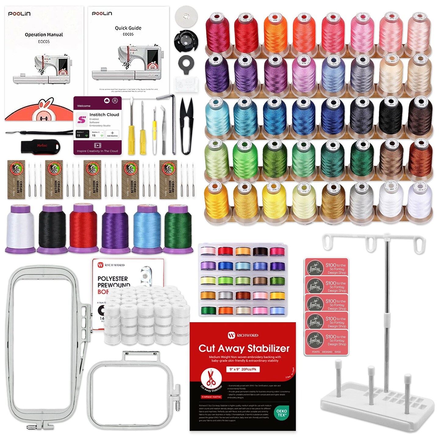 POOLIN EOC05 4in x 9.2in Embroidery Machine with Accessory Kit - Red