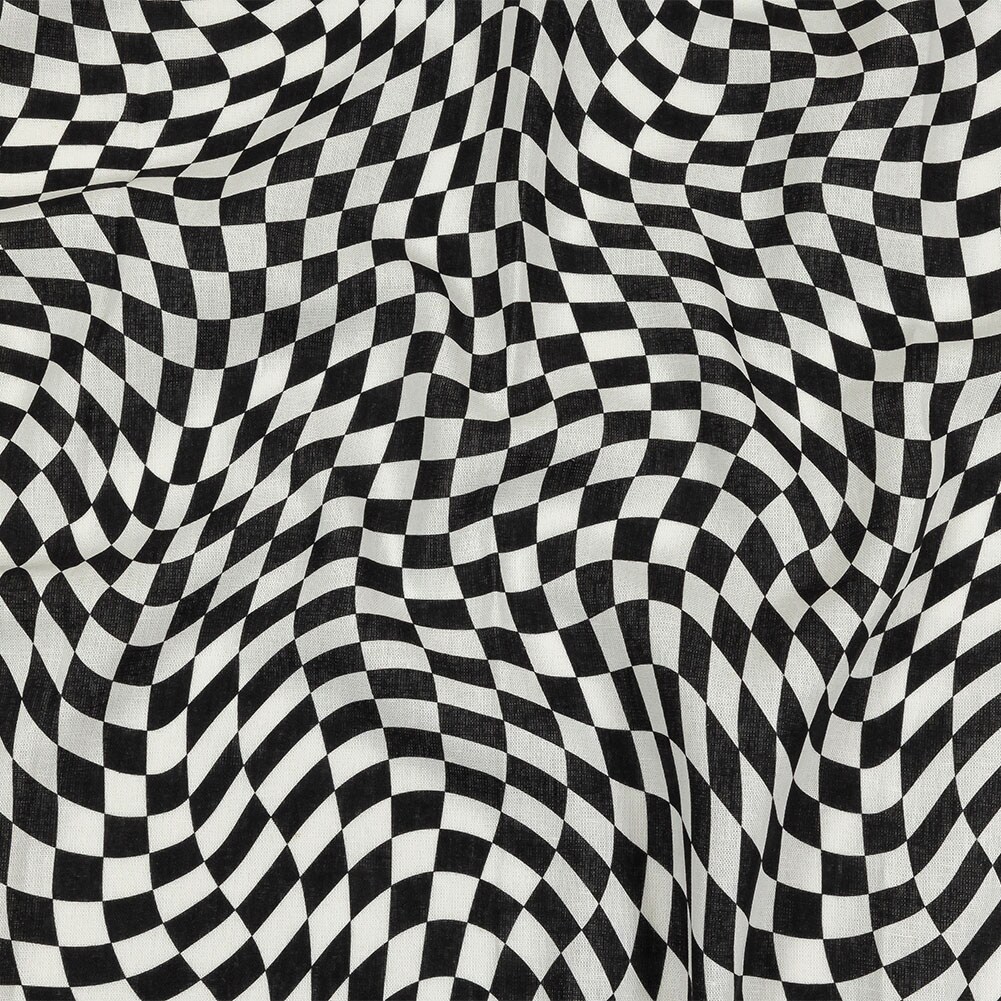 1 Yard Linen and Rayon Woven Black and White Warped Checks Down the Rabbit Hole Print