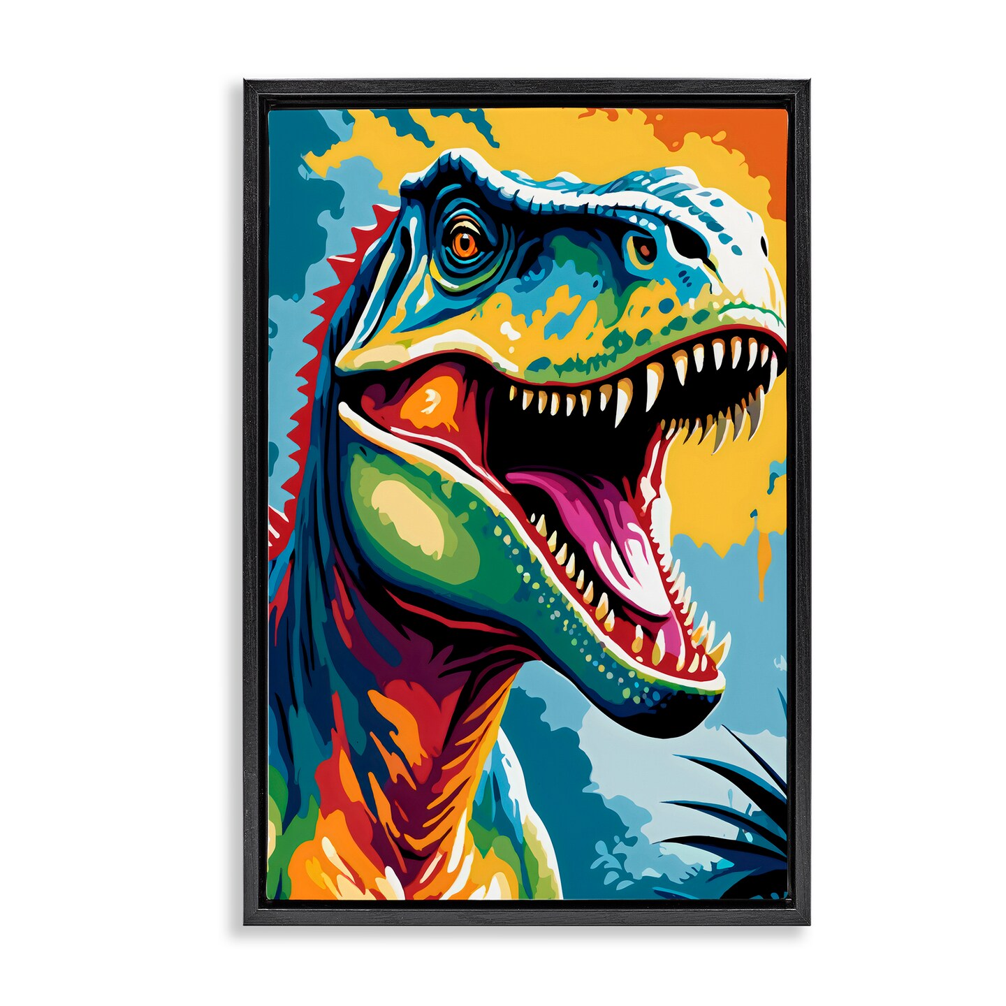 Stupell Industries Colorful Roaring T-Rex Black Framed Floater Canvas Wall Art, design by Creative Studio