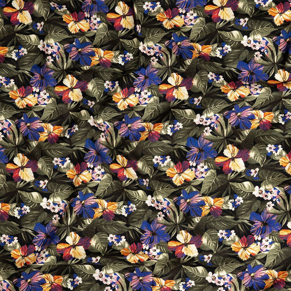 1 Yard Linen and Rayon Woven Green and Blue Tropical Floral Virescent Vignette Print