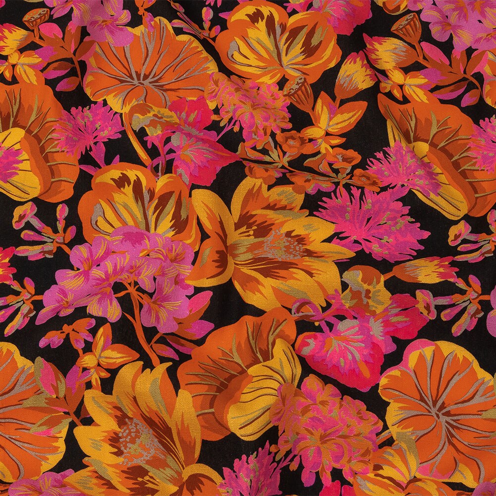 1 Yard Linen Rayon Woven Fabric Black, Pink & Yellow Floral Tangerine Dreams Print