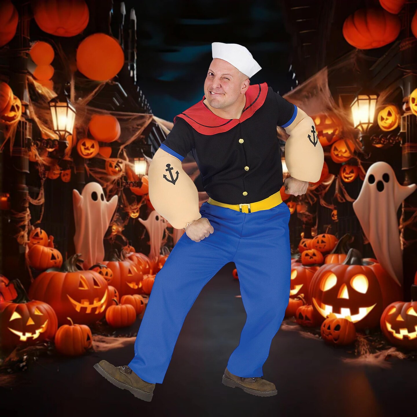 Men's Popeye Costume Sailor Outfit Muscle Arms Hat Blue Pants Standard Size