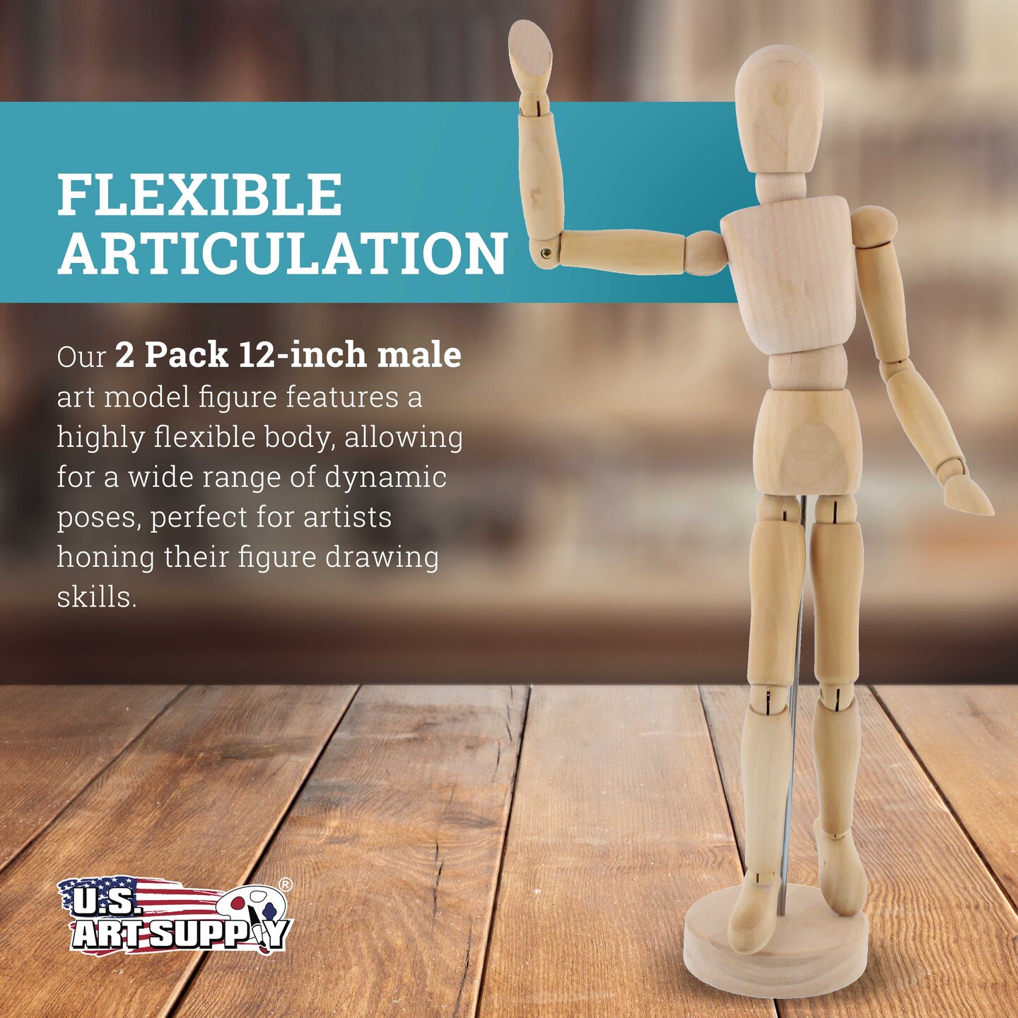 U.S. Art Supply 12" Wooden Male Manikin Posable Figure for Drawing (2 Pack) - Articulated Mannequin with Base and Flexible Body for Drawing The Human Figure