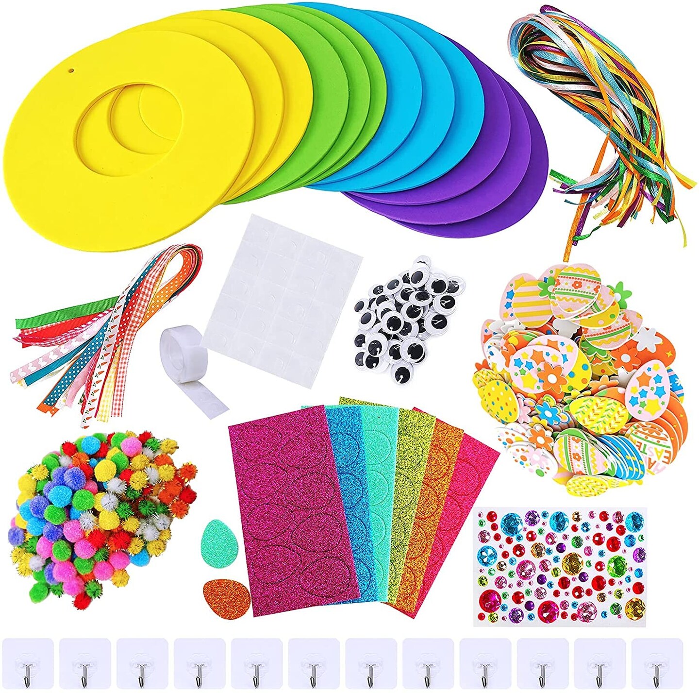 12 Sets Easter Wreath Signs Decorations DIY Foam Easter Craft Kits Easter Eggs Bunny Chick Foam Stickers Pom-Poms Googly Eyes for Kids Classroom Home Activity Art Project Gift Easter Front Door Décor