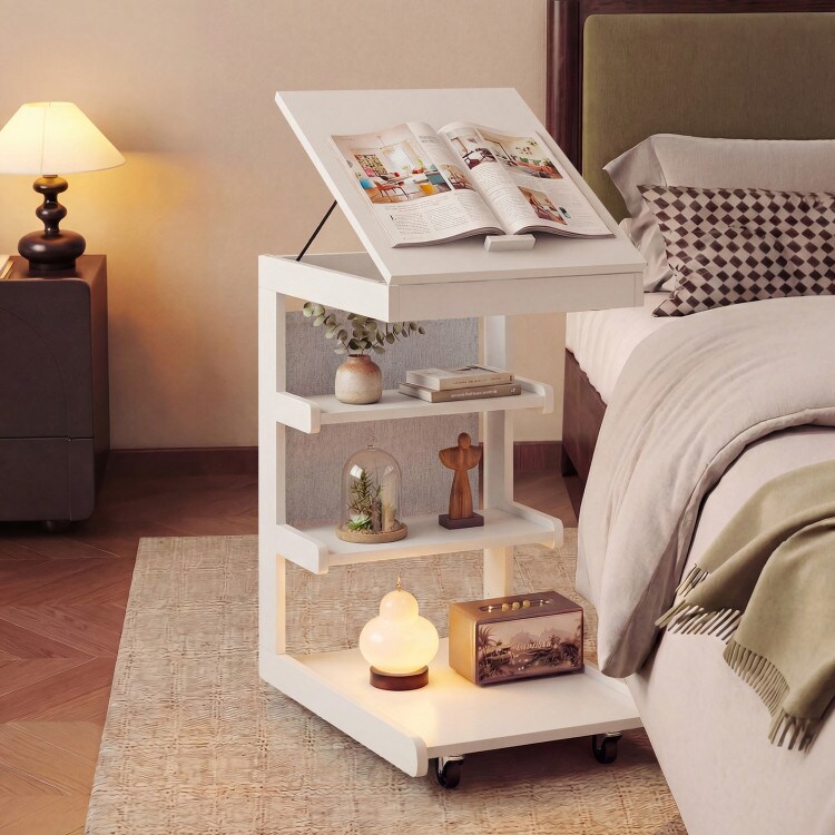 C-Shaped Rolling Table Tiltable Desktop 3 Shelves Hidden Compartment