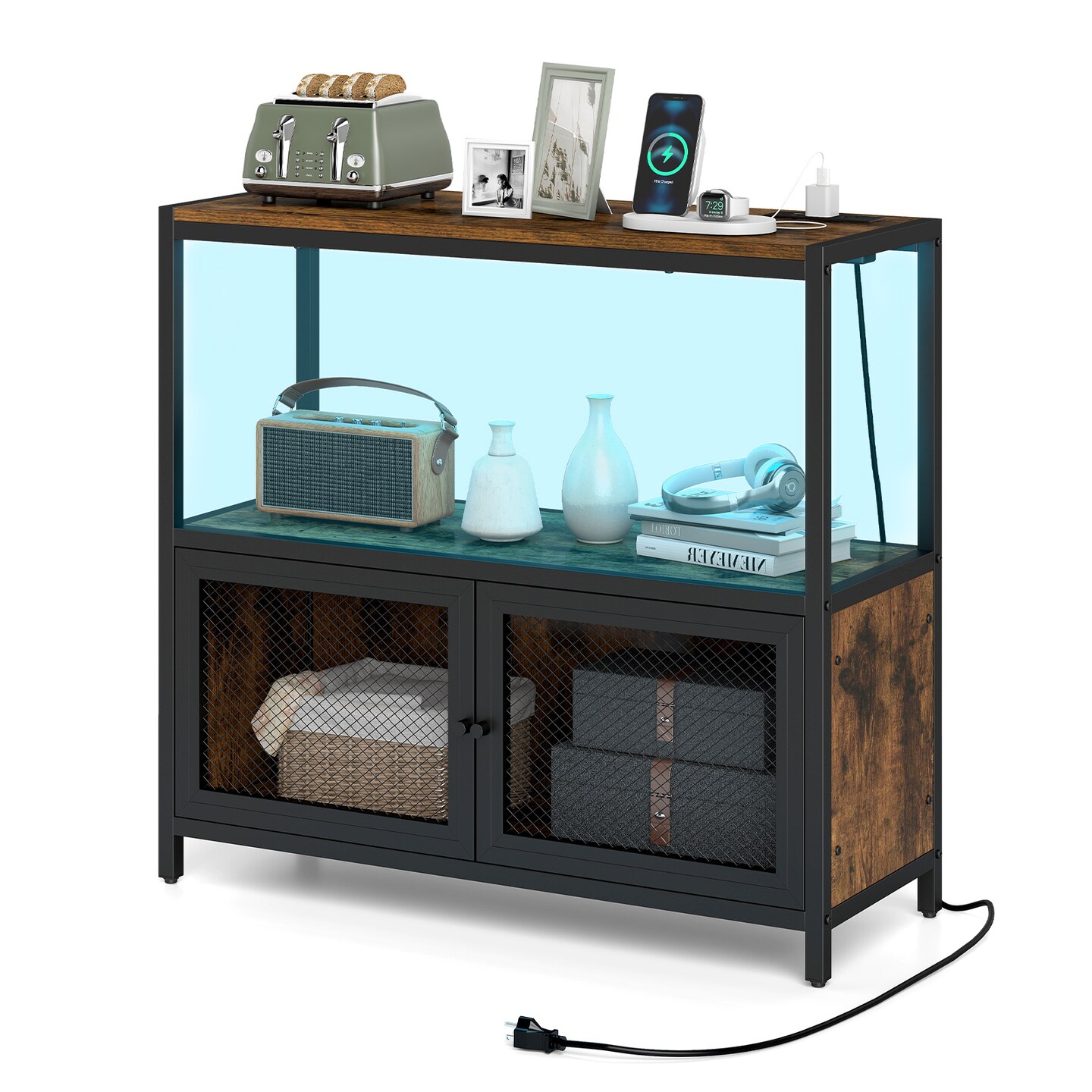 Multi-Functional Coffee Bar Cabinet Industrial Style with LED and Charging