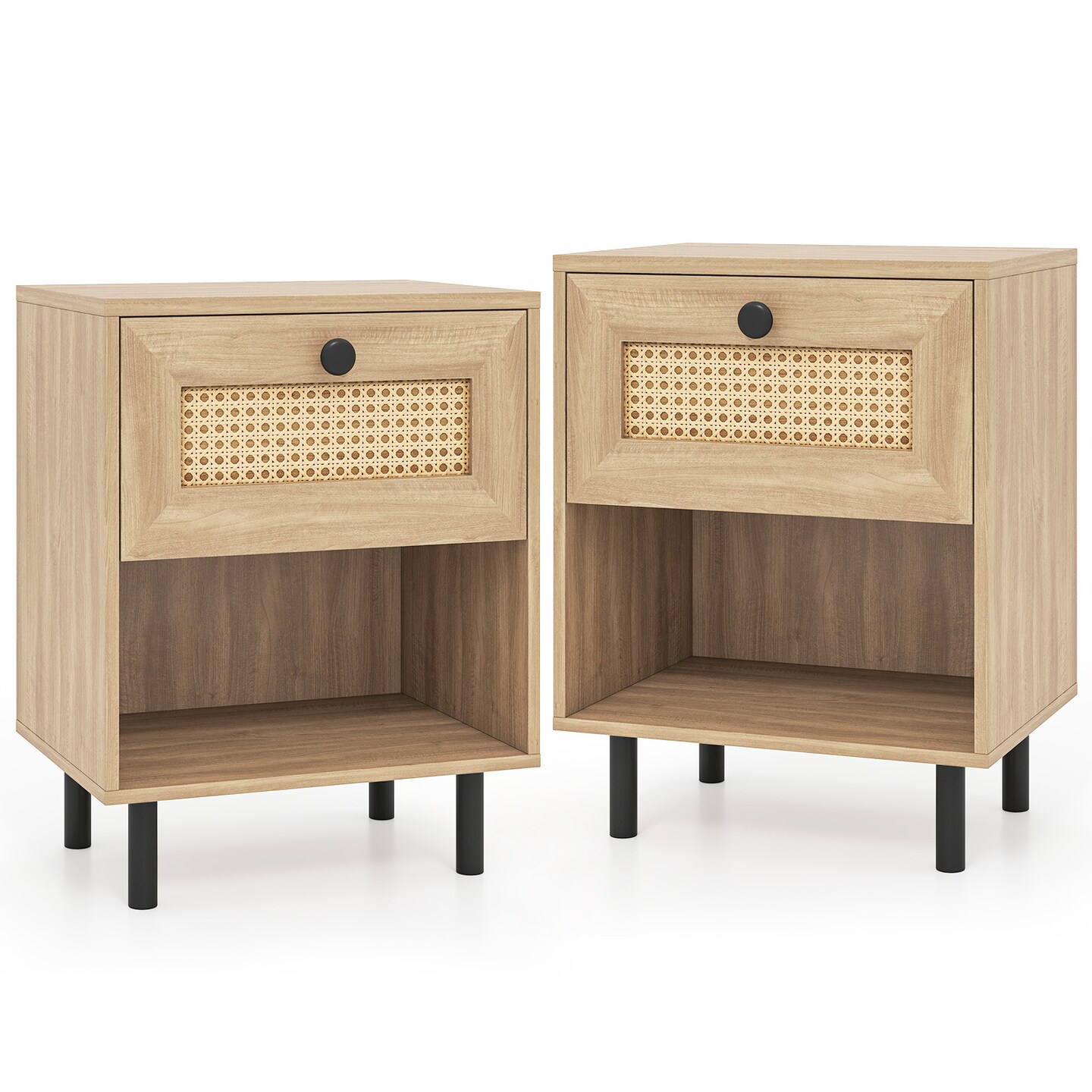 Rattan End Table Duo Nightstands with Storage Drawer and Shelf