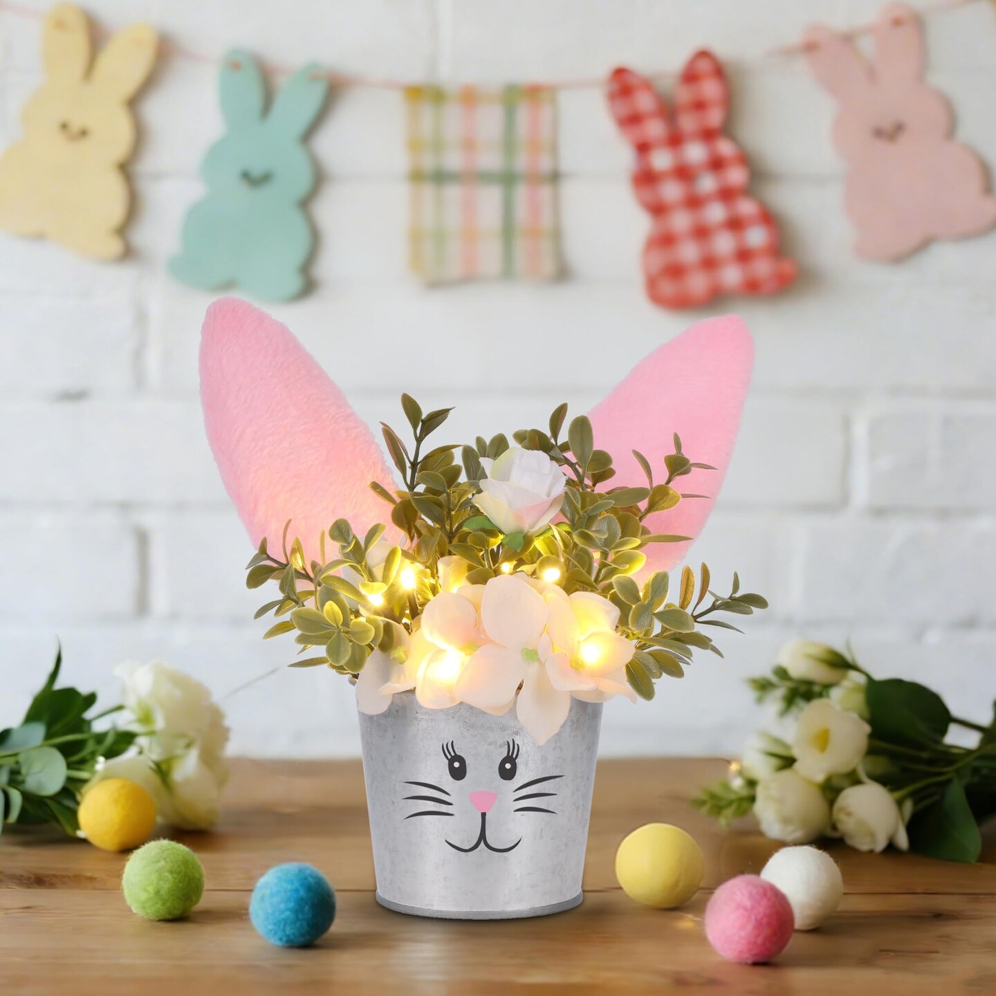 Easter Table Decorations Artificial Flower with Bunny Ear, Lighted Desk Decor Bunny Flowers, Easter Tabletop Decorations for Home Table Mantle Office Spring Party