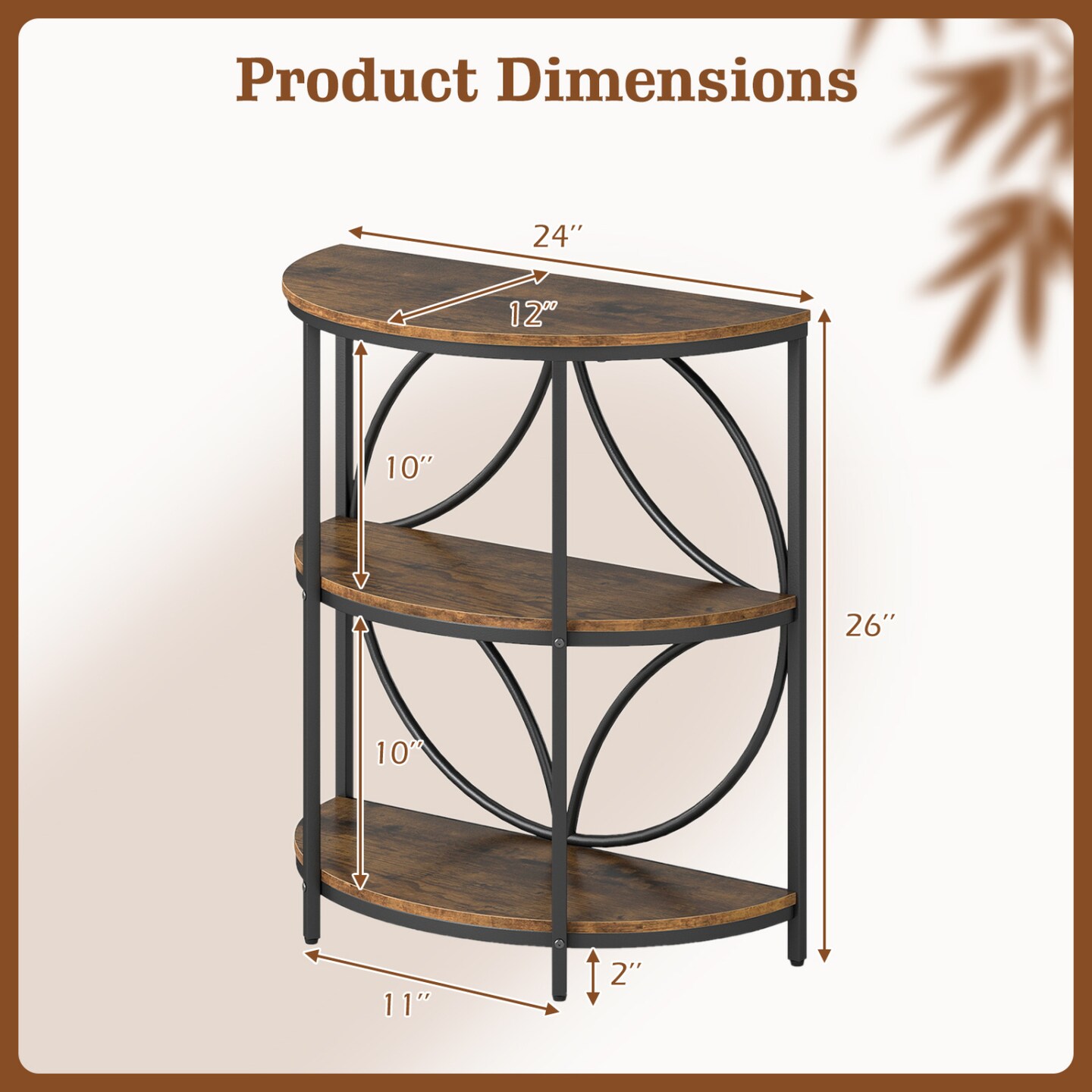 3-Tier Semi-Circular Side Table Metal MDF Narrow Accent Table