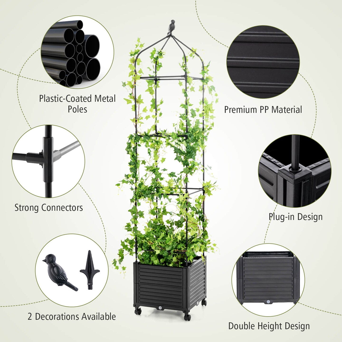 Costway 1/2 PCS Raised Garden Bed Tomato Cage Planter Box with PE-Coated Metal Trelli Wheels