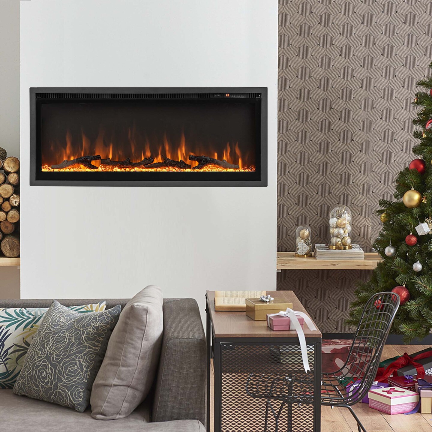 Costway 50'' Electric Fireplace Recessed Wall Mounted Freestanding with Remote Control