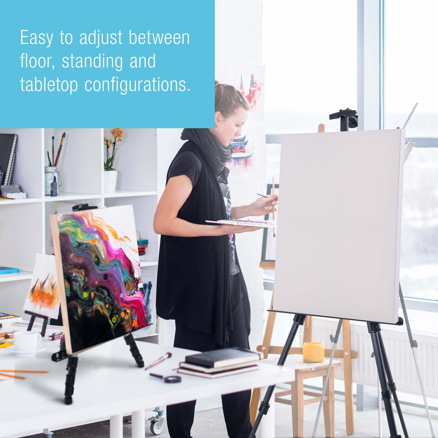 U.S. Art Supply 66" Black Metal Tripod Easel Display (10 Pack) - Adjustable 20"- 5.5', Holds 32" Canvas - Floor/Tabletop Easel Stand, For Sign Display, Painting, Poster Board, Canvas - Portable Bag
