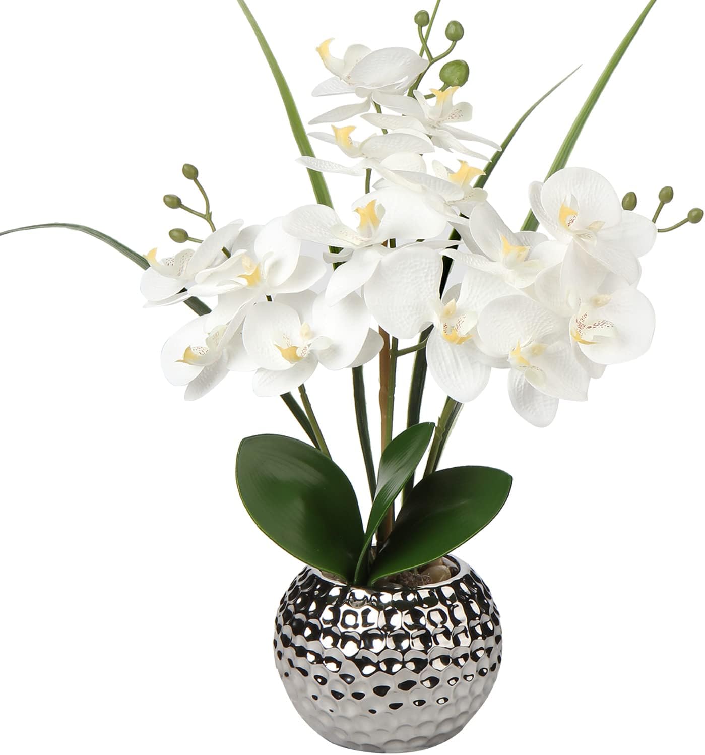 Orchids Artificial Flowers, 20&#x27;&#x27; White Faux Orchid with Silver Vase Fake Phalaenopsis Flowers for Home Table Living Room Office Kitchen Decor