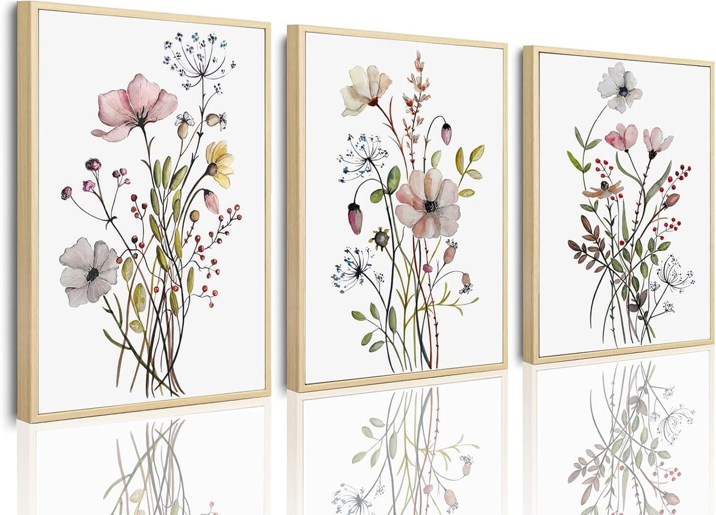 Wildflower Poster Pink Watercolor Botanical Floral Wall Art Colorful Canvas Prints Set of 3 Modern Minimalist Flower Pictures Decor Painting Bedroom Bathroom Living Room Unframed