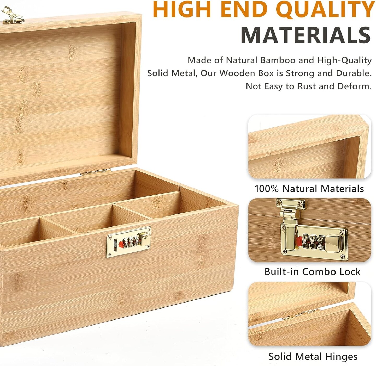 Bamboo Storage Box, 13.8&#x22; x 8&#x22; x 6&#x22; Extra Large Wooden Storgae Organizer with Combination Lock, Versatile Storage Contaniers with Adjustable Compartments for Home Office Jewelry Keepsakes
