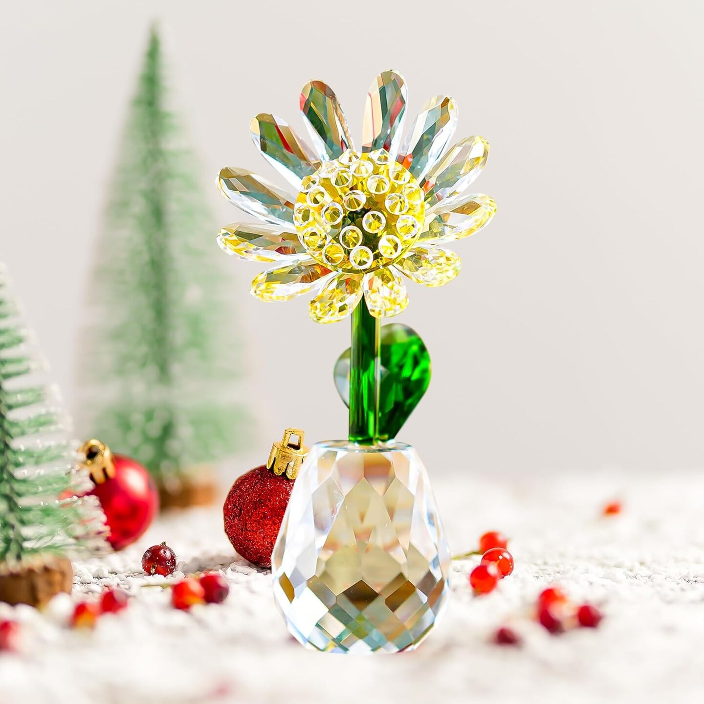 Summer Crystal Daisy Flower Figurine Ornament Paperweight Glass Flower Home Office Tabletop Decor Souvenir Gifts for Birthday Christmas