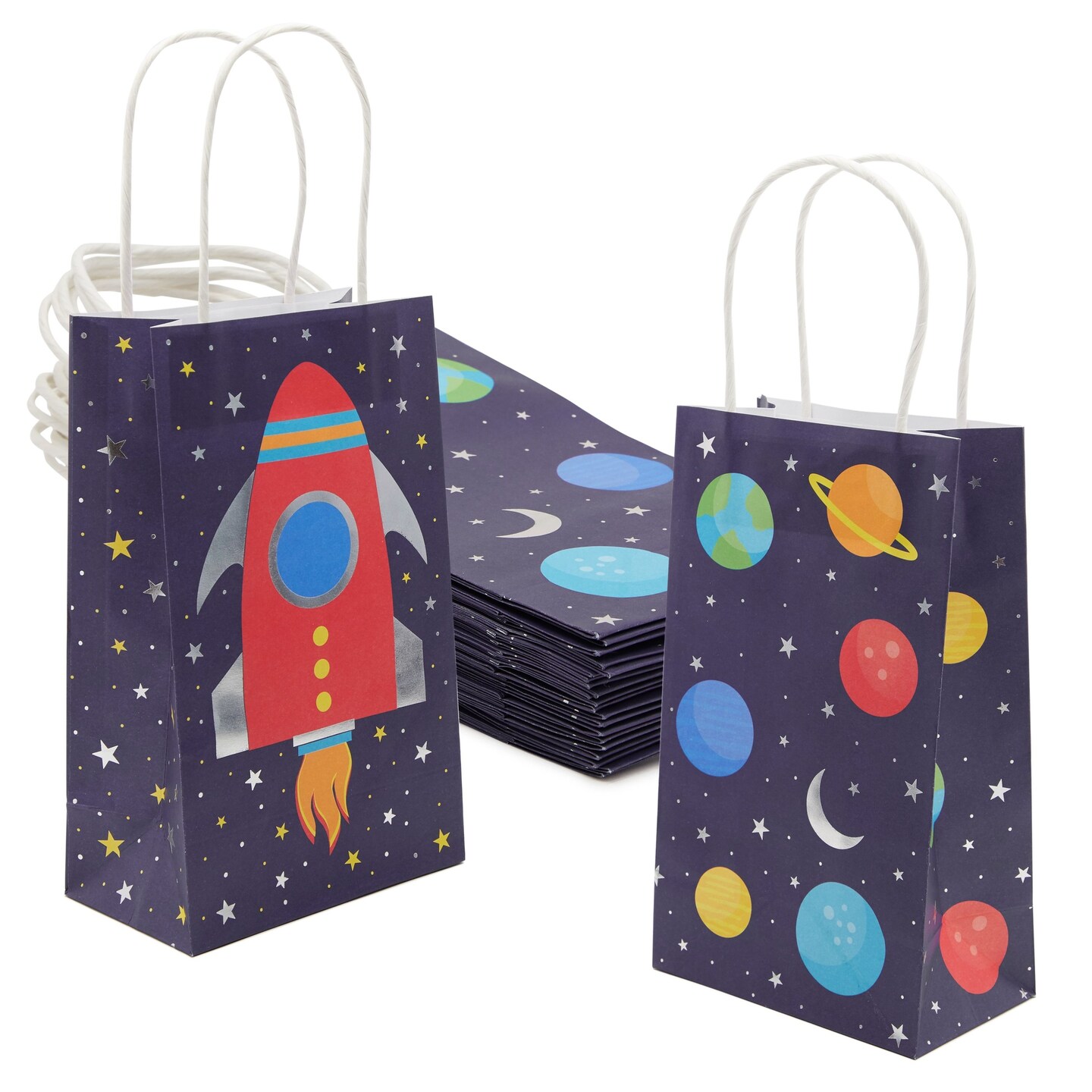 Small Outer Space Party Favor Gift Bags with Handles for Galaxy Birthday (24 Pack)