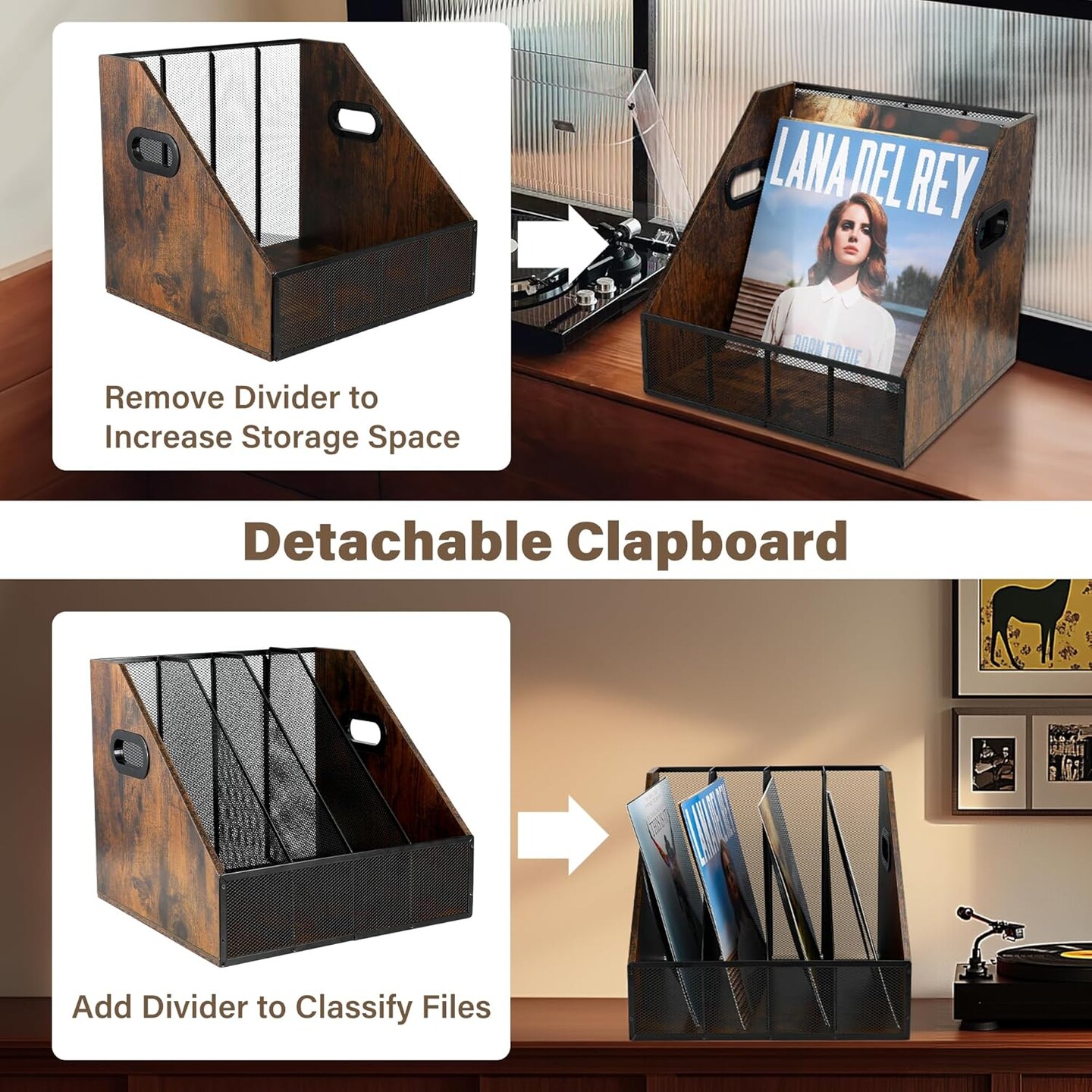 Vinyl Record Storage, Vinyl Record Holder Display, Magazine Holder Rack, File Storage Basket for Letters, Magazines, Books, Newspapers - Wooden Crate Box Storage Organizer Box for Desk and Shelves