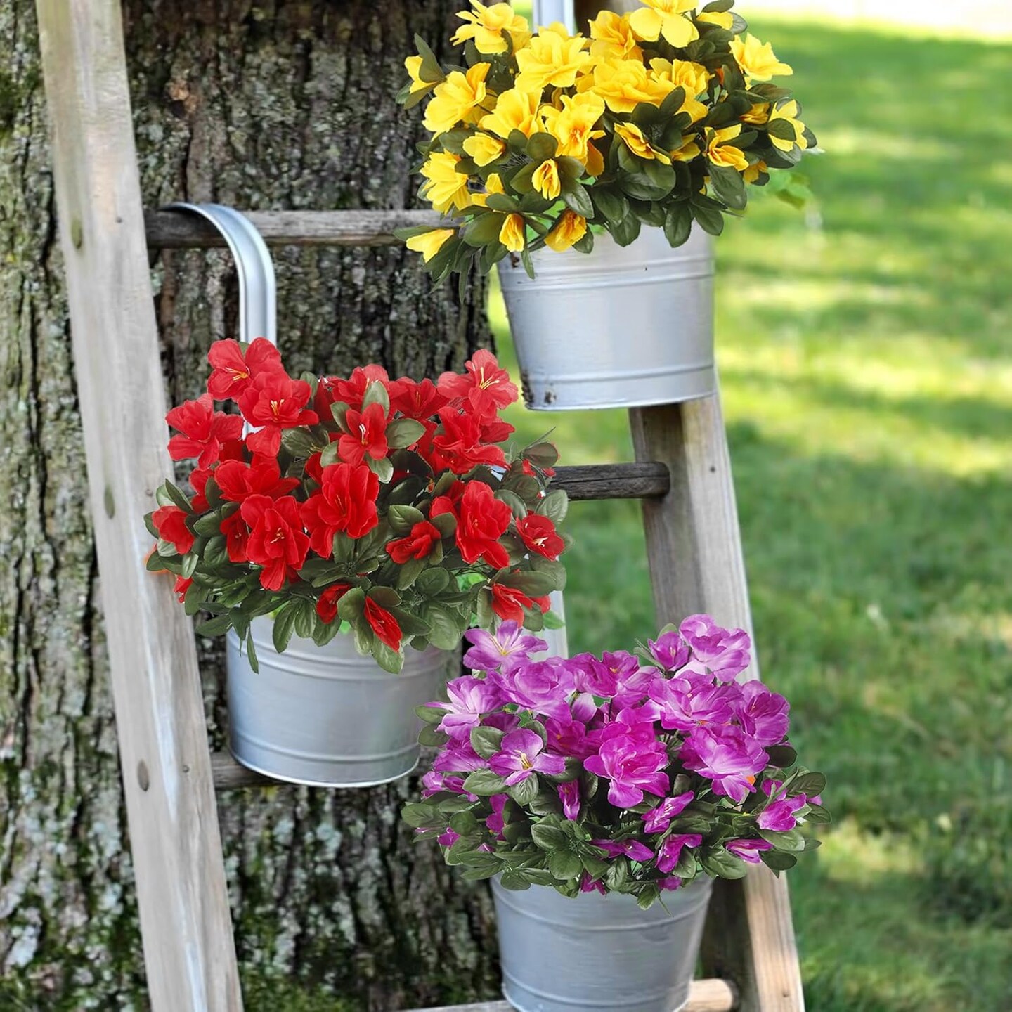 2 Pcs Artificial Flowers for Outdoors Silk Flower Spring Faux Silk Purple Camellia UV Resistant Artificial Azalea Outside Flowers Plants for Planter Front Door Porch Patio Table Indoor Decor