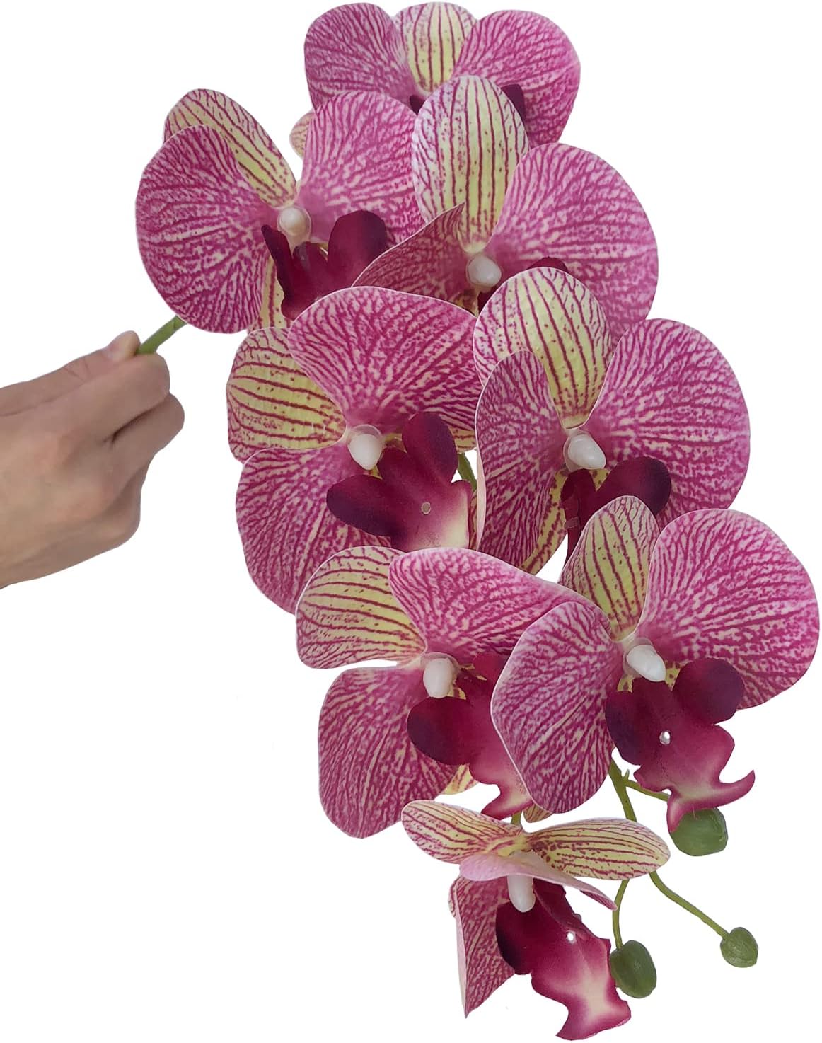 32&#x22; Artificial Phalaenopsis Flowers 4 Pcs with 2 Bundles Leaves Artificial Orchid Flowers Stem Plants Fake Butterfly Phalaenopsis Flowers for Home Wedding Party D&#xE9;cor (Purple Dapple)