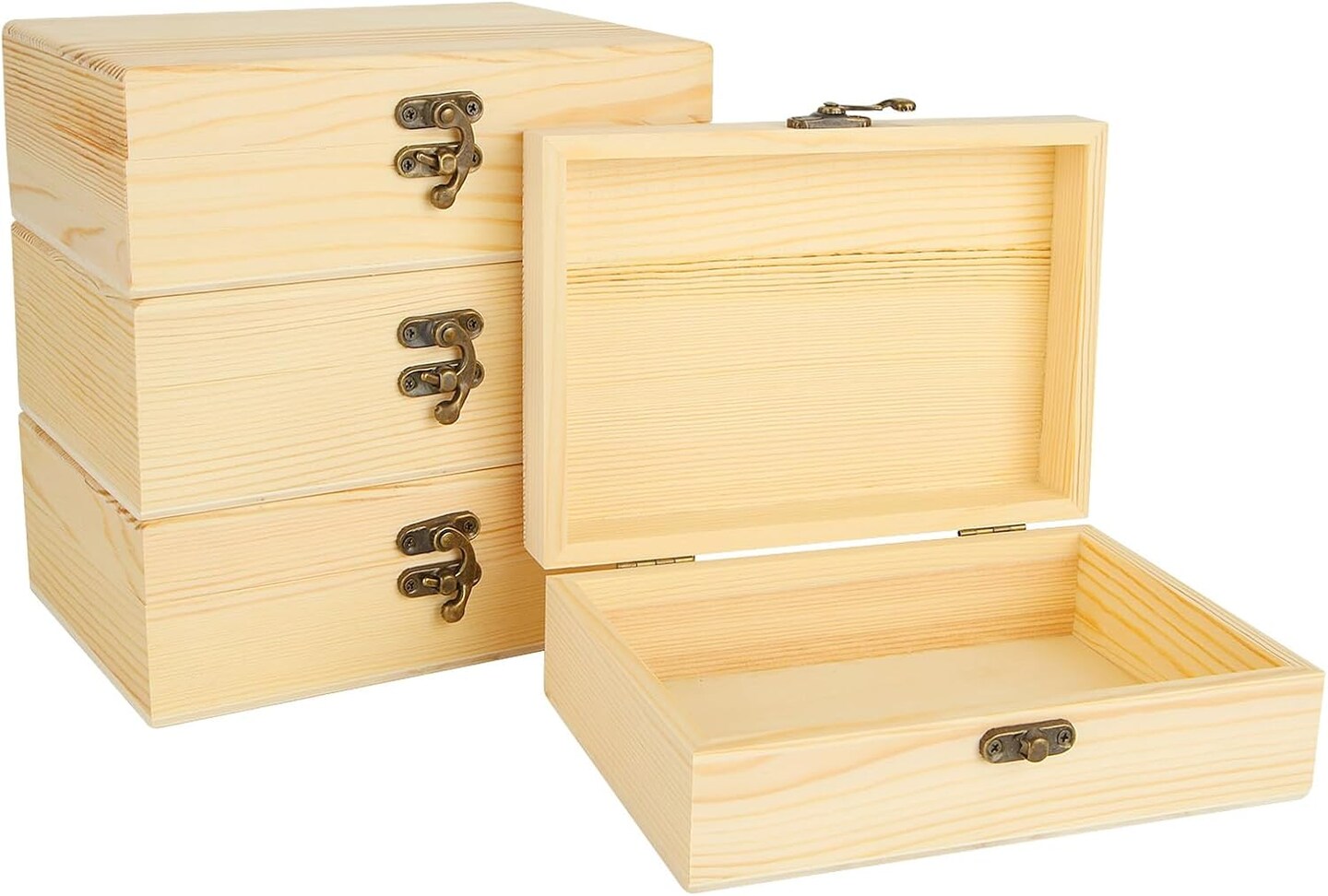 4-Pack Unfinished Wooden Boxes with Hinged Lid – 7.2×5×2.5" Unpainted Pine Wood Storage for Crafts, DIY, Jewelry, and Keepsakes