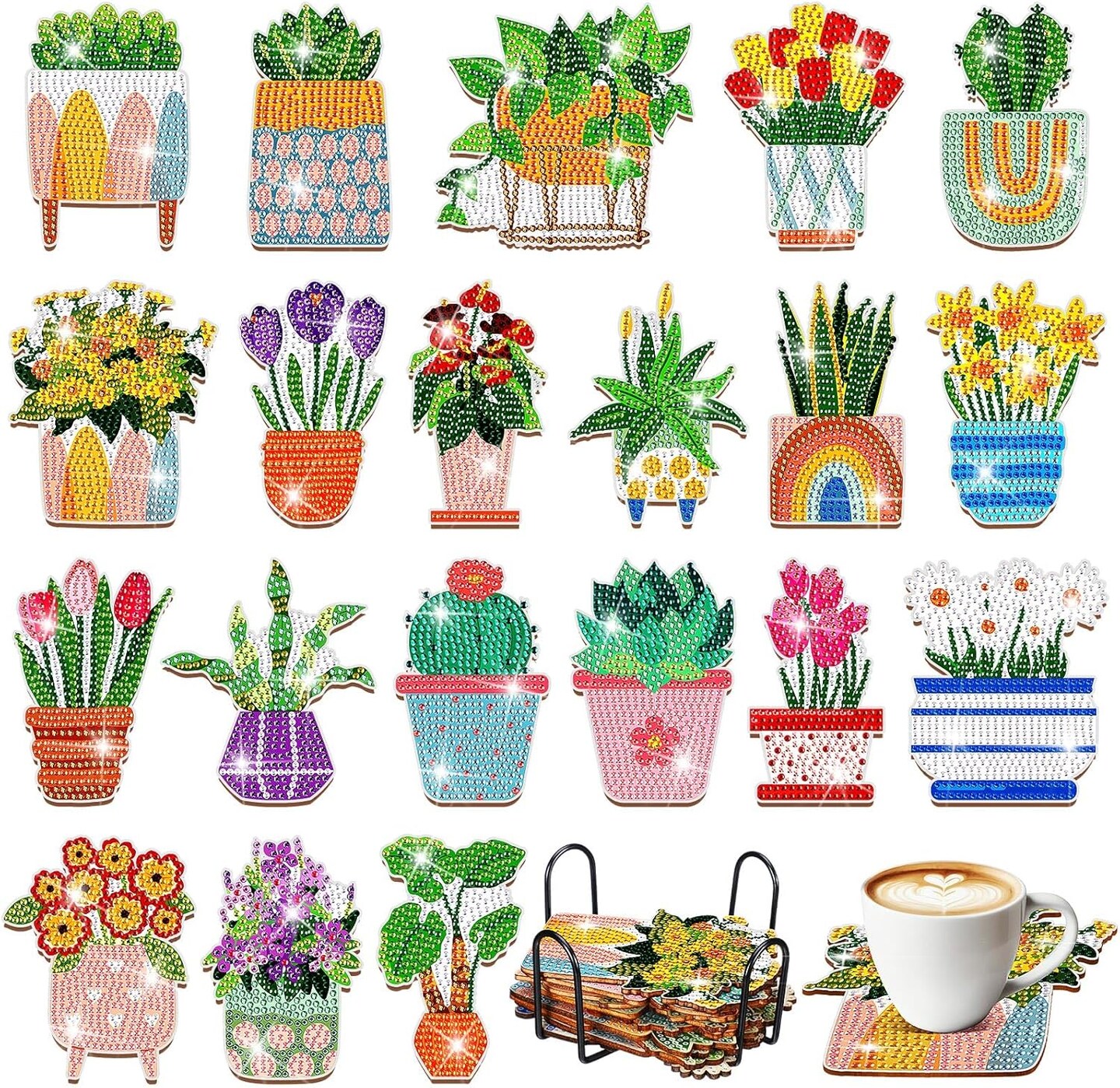 20 Pcs Spring Diamond Painting Coasters Flower Diamond Art Coasters with Holder Wooden Spring Potted Plants Diamond Coasters 5D Diamond Art Kits for Adults DIY Crafts Beginner Gifts Supplies