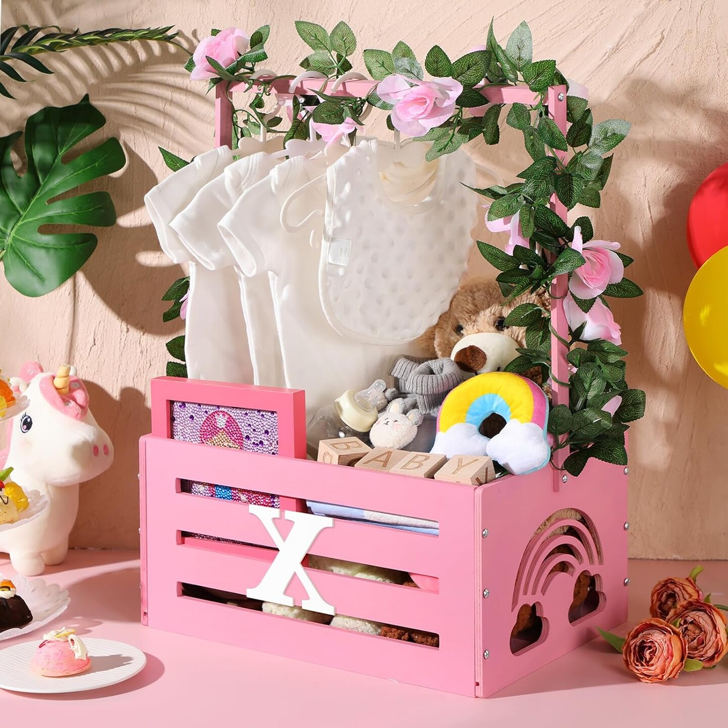 Wooden Baby Shower Crate Closet Rainbow Baby Storage Crate Hamper with Handle Garland 26 Letter Basket Baby Shower Wooden Gift Crate for Girls Boys Pregnancy Gifts for Parents (Pink)