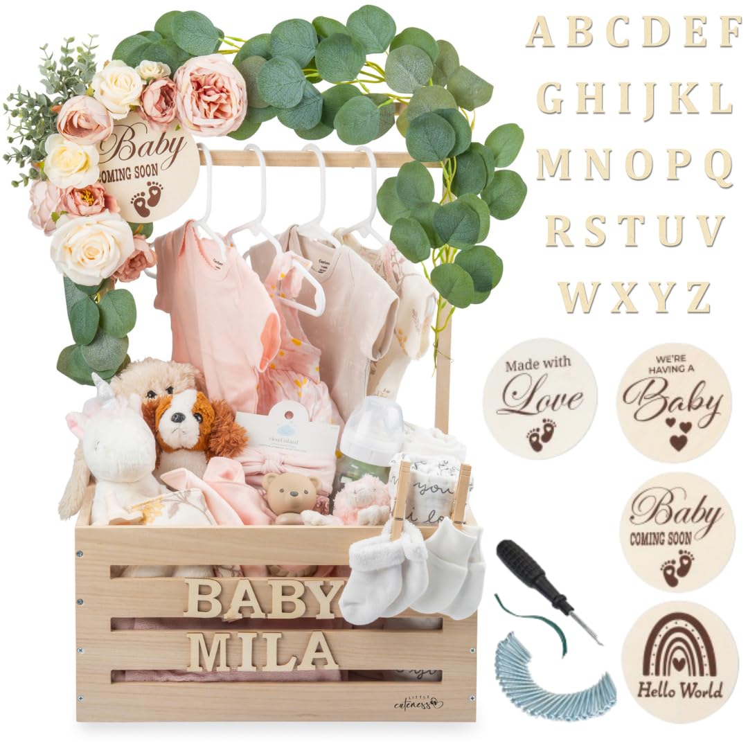 Wooden Baby Shower Crate Closet - Customizable Wooden Crate Box with Dual Rod System, Personalized Baby Shower Basket Alphabet Letters, Easy Assembly Baby Baskets for Baby Shower