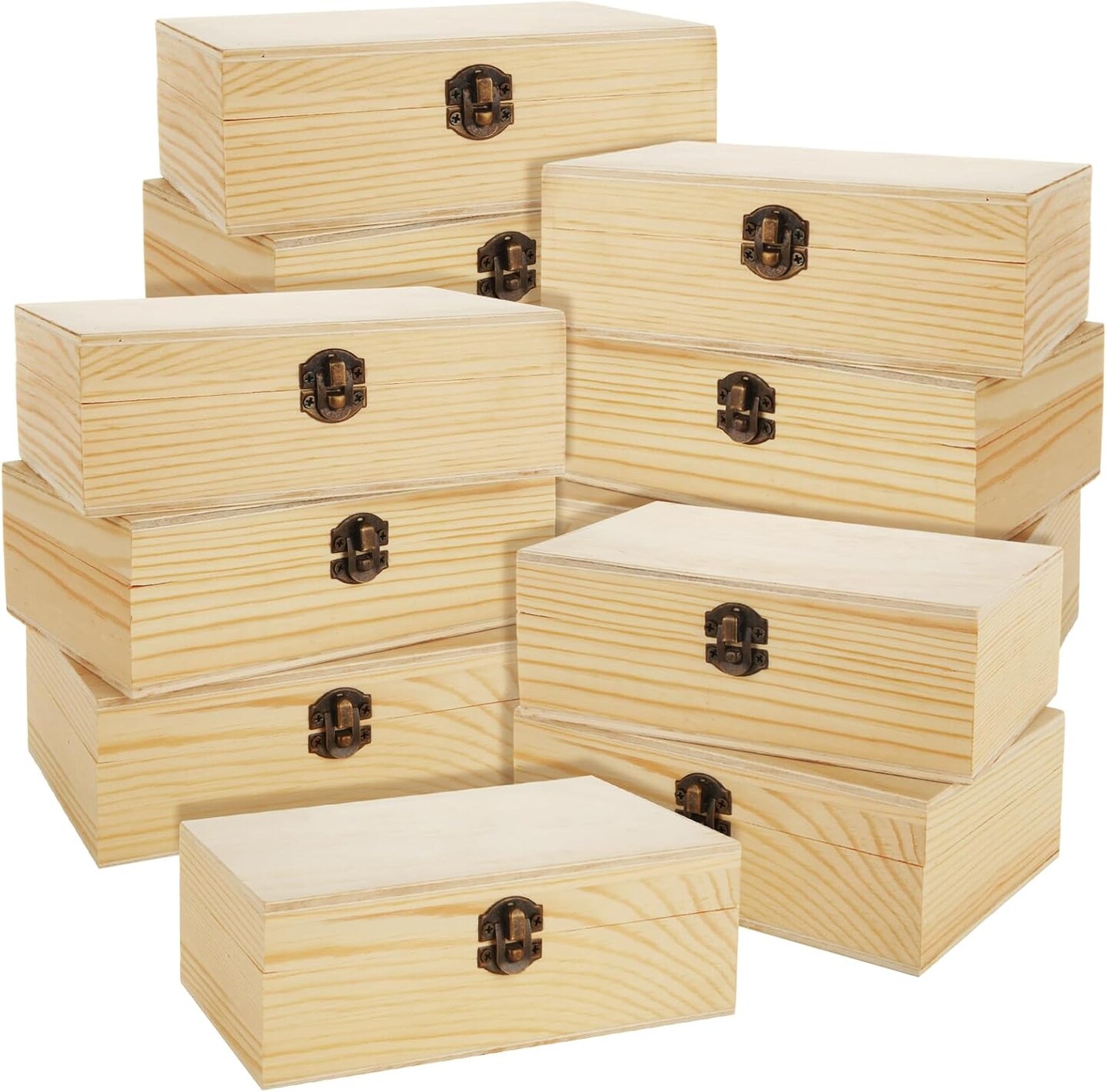 12 Pcs Unfinished Wooden Boxes - 6" 4" 2" Wood Craft Boxes with Hinged Lid, Bulk Rectangle Wooden Storage Boxes for DIY, Painting, Storage (with 10 Brushes)