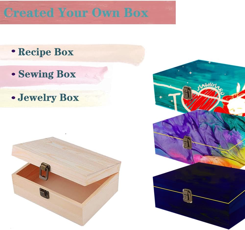 Unfinished Pine Wood Box - Large Wooden Boxes with Hinged Lid for Craft, DIY, Hobbies, Jewelry, Home Storage, 8 x 6 x 3 inch