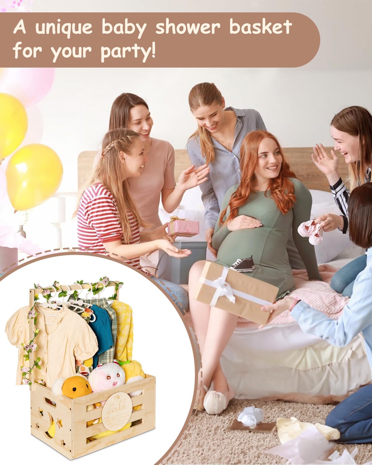 4 in 1 Wooden Baby Shower Crate Closet - Large Storage Basket with Handle Gifts for Pregnancy Parents Baby with Baby Announcement Sign, Garland, 5 Hangers, String Light