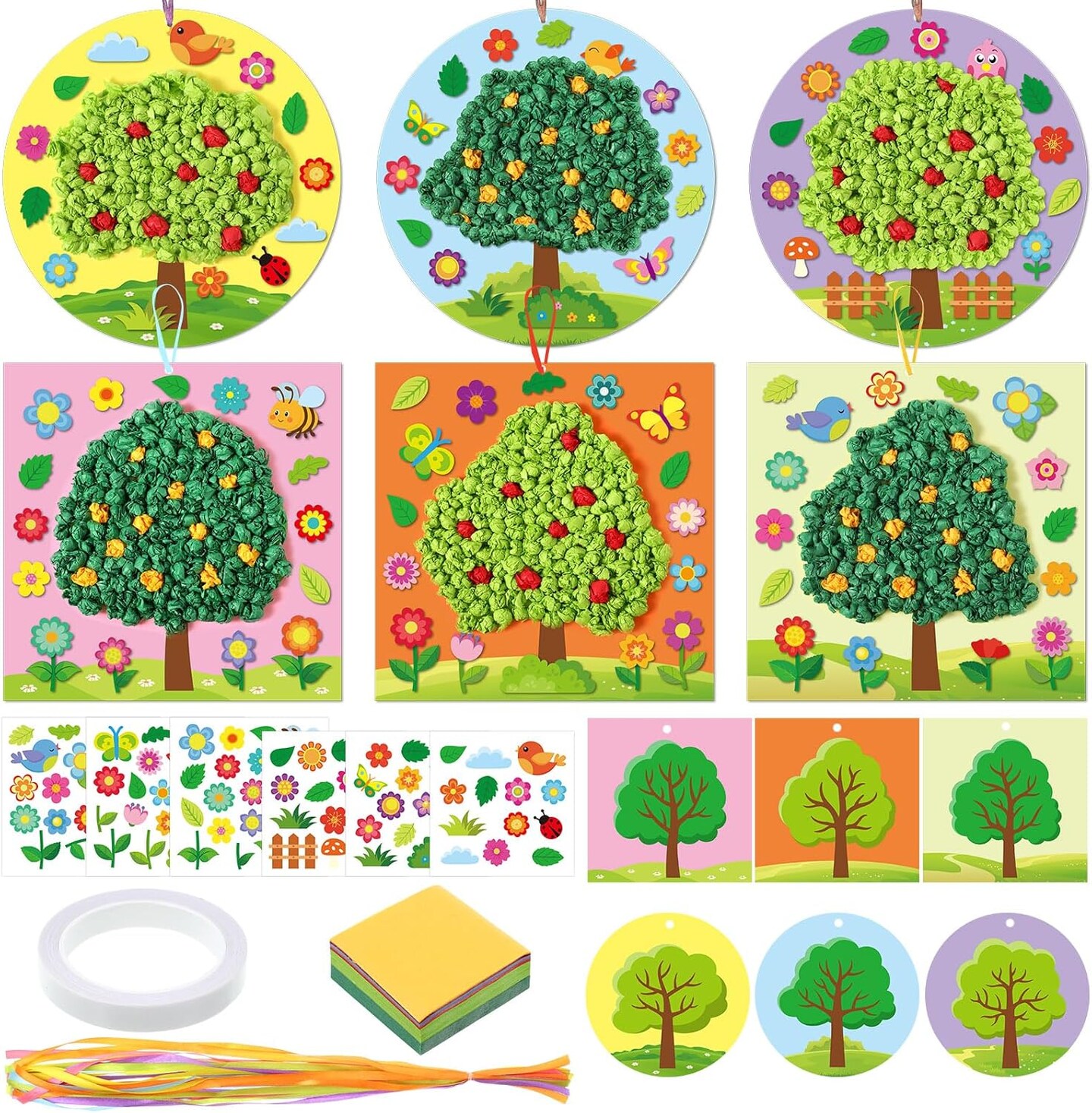 24 Packs Spring Tree DIY Craft Kits Springtime Tissue Pom Pom Paper Craft Bulk Make Your Art Crafts Hanging Ornament Crinkle Tissue Leaf Classroom Decor for Spring Party Home Activity Gifts