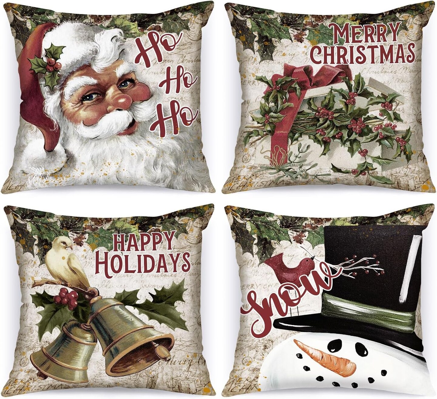 Vintage 14X14 Christmas Throw Pillow Covers Set of 4 Retro Santa Claus Snowman Decorative Holiday Pillow Case Cushion Cover 14 X 14 for Indoor Home