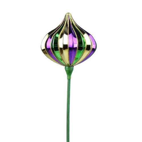 Mardi Gras Ribbed Onion Ornament Pick, 100MM Purple Green Gold Decor, 24&#x22; Ornament Stem, Festive Carnival Decoration-HG1085