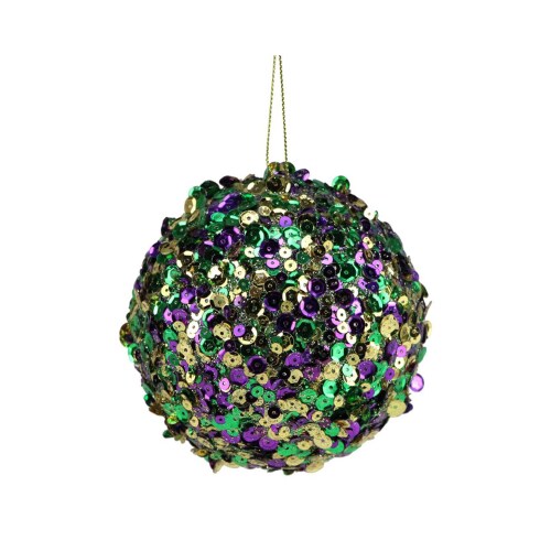 4&#x22; Sequin Mardi Gras Ornament - Shatterproof Glitter Ball in Purple, Green, Gold - Perfect for Mardi Gras Decor and Wreaths - HG1090