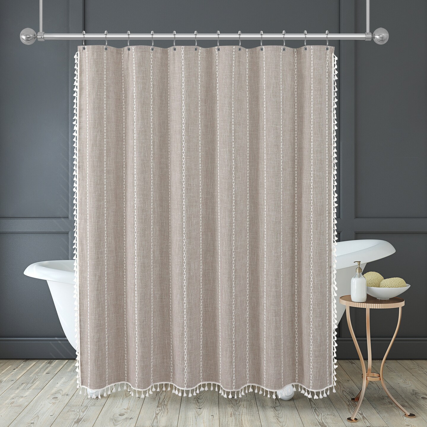 Americanflat 71x71 Woven Linen Shower Curtain with Tassel Accents - Includes 12 Grommets and Hooks - 100% Polyester