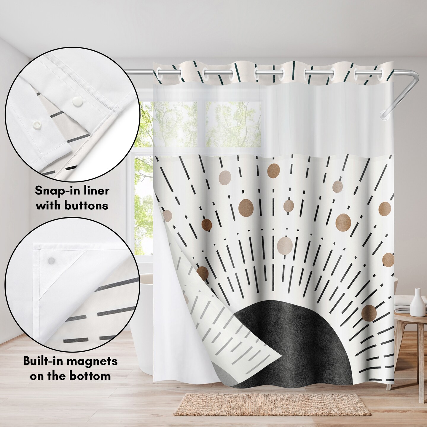 Americanflat 72x75 Hookless Shower Curtain - Abstract Black Bronze Shower Curtain with Sheer Panel, Snap-In Liner, and Grommets - 100% Polyester