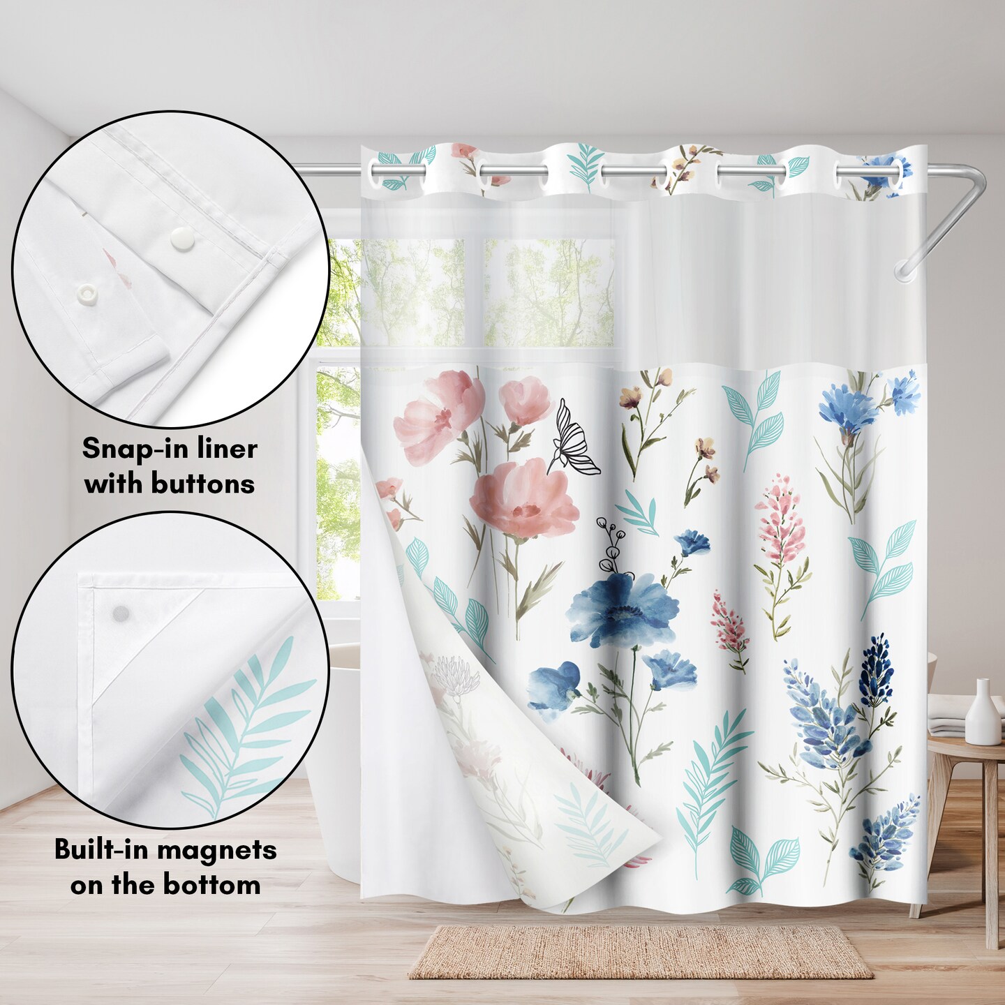 Americanflat 72x75 Hookless Shower Curtain - Floral Blue and Pink Shower Curtain with Sheer Panel, Snap-In Liner, and Grommets - 100% Polyester