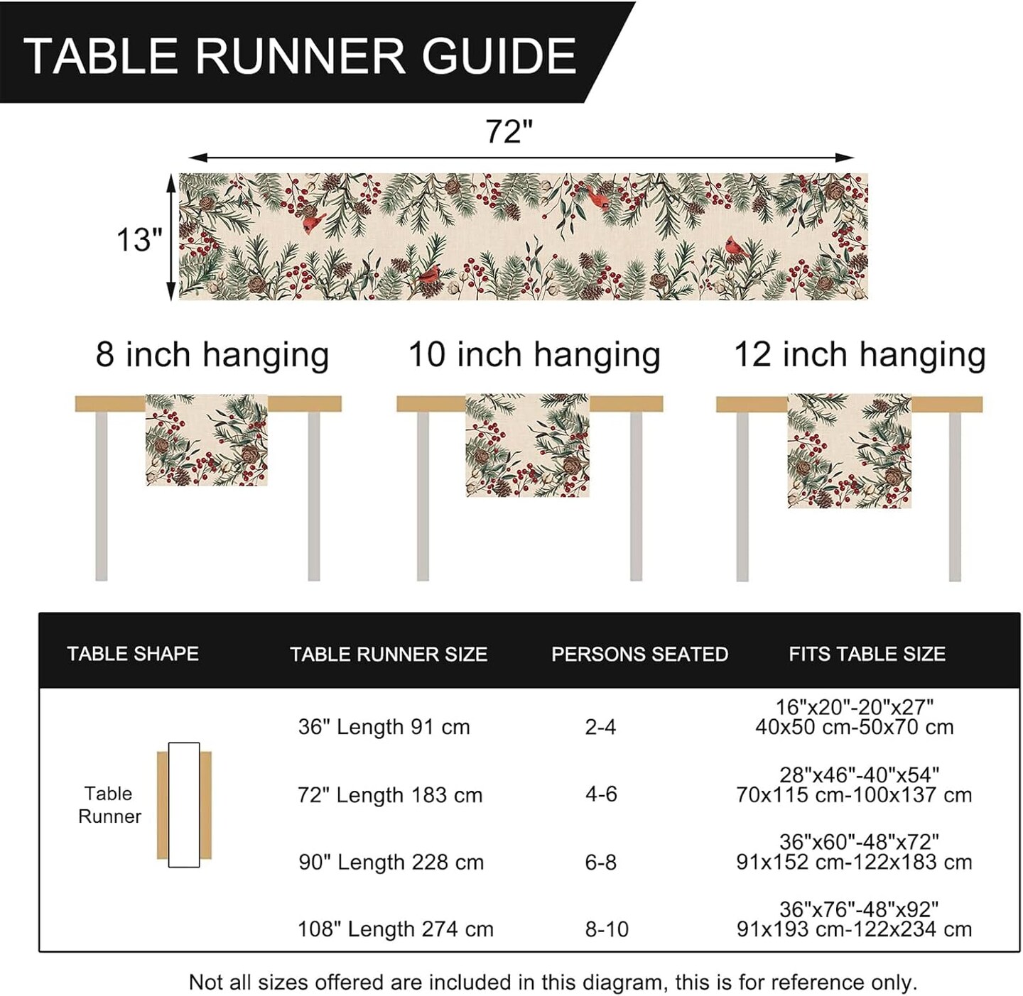 Winter Pine Needle Branches Table Runner, Pine Cone Cardinal Red Birds Berry Farmhouse Kitchen Dining Table Decor, Christmas Holiday Home Decoration Indoor Outdoor Party Supply 13 x 72 Inches