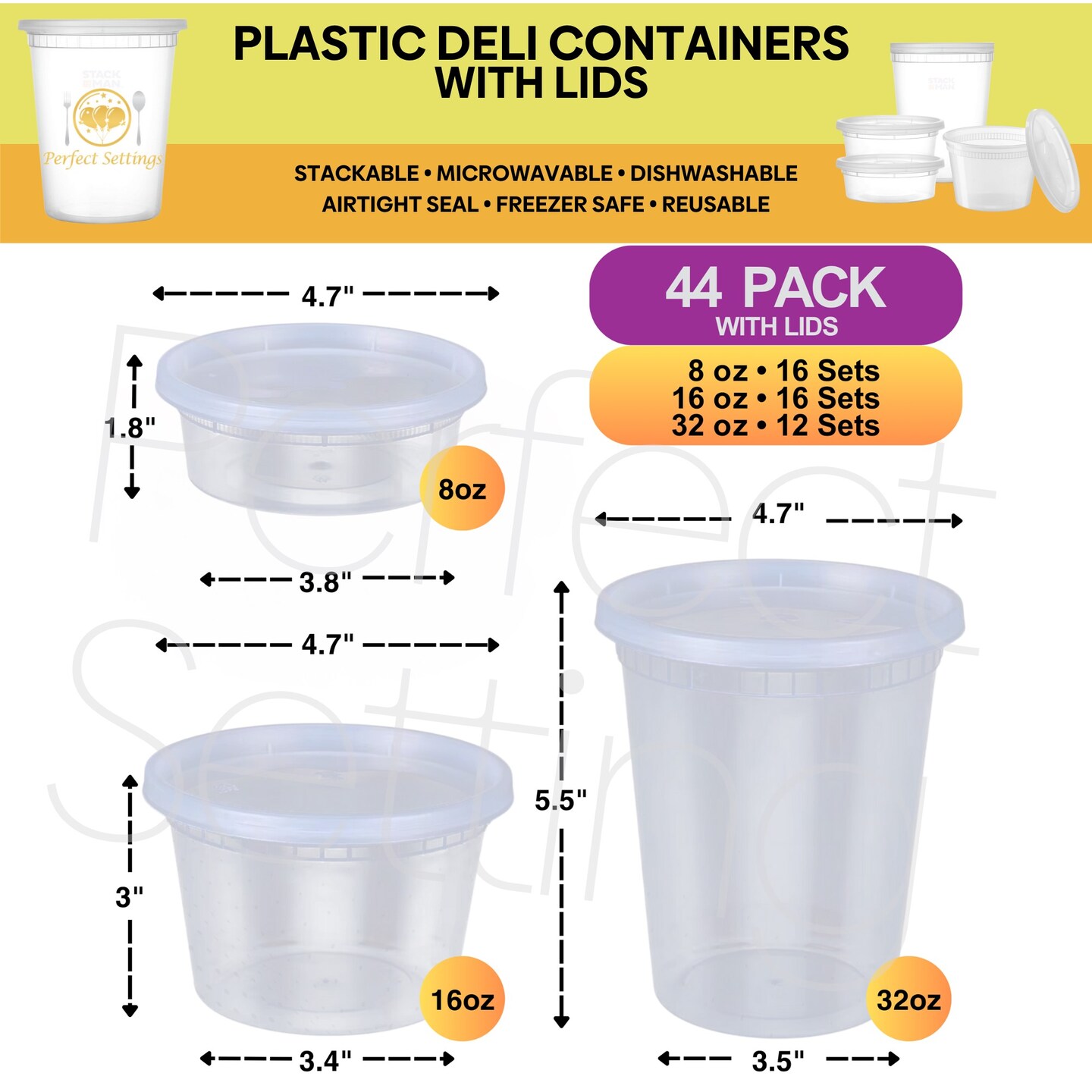Perfect Settings Plastic Deli Containers with Lids [44 Sets] Variety Pk 8oz, 16oz &#x26; 32oz | Leakproof, Freezer Safe Soup &#x26; Food Storage | Microwavable Food Containers with Lids