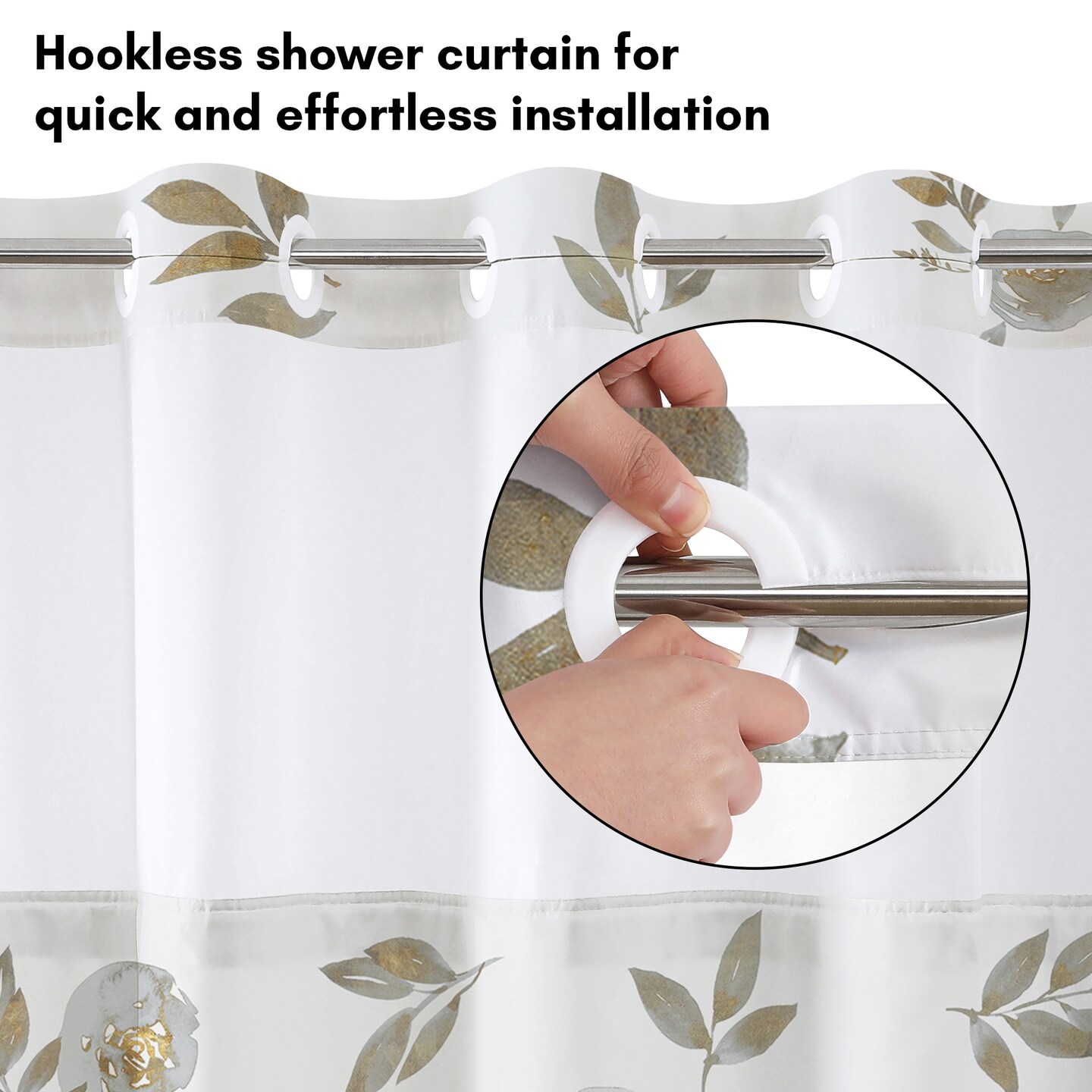 Americanflat 72x75 Hookless Shower Curtain - Floral Gold Grey Shower Curtain with Sheer Panel, Snap-In Liner, and Grommets - 100% Polyester