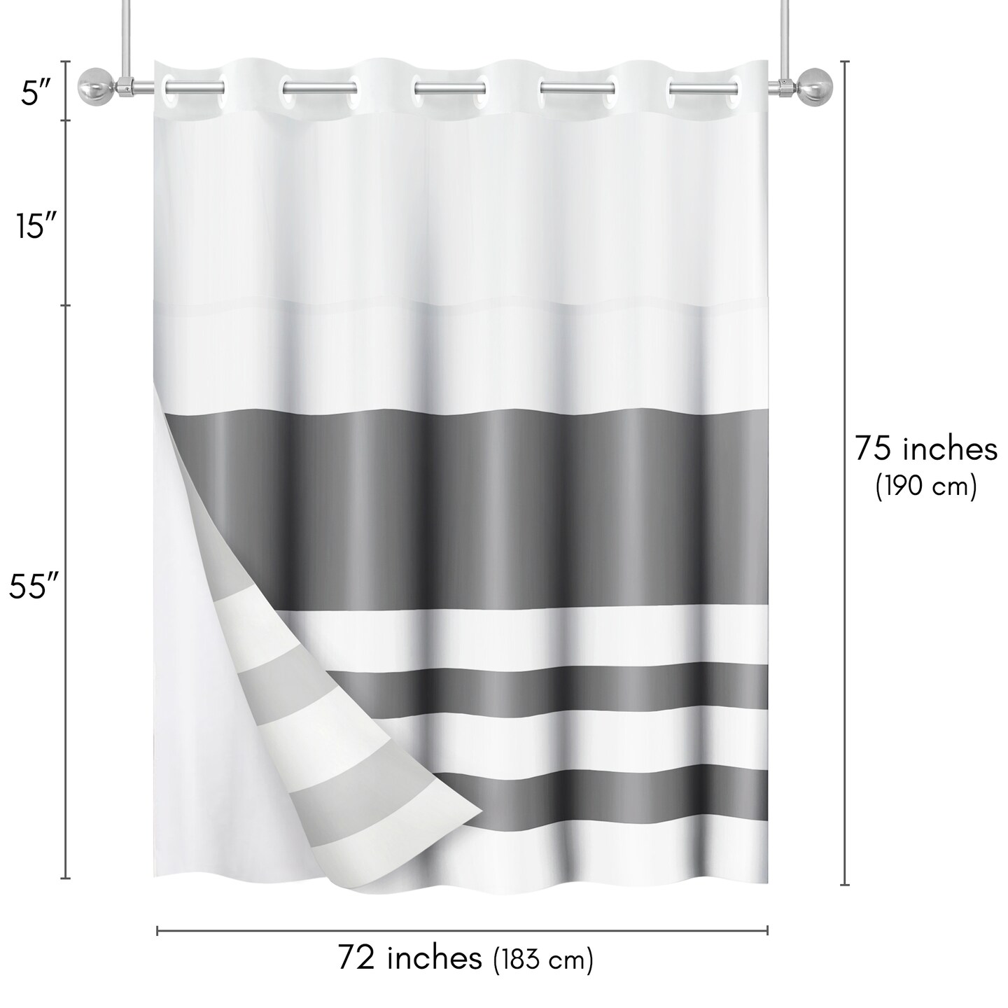 Americanflat 72x75 Hookless Shower Curtain - Water-Resistant Shower Curtain with Sheer Panel, Snap-In Liner, and Grommets - 100% Polyester