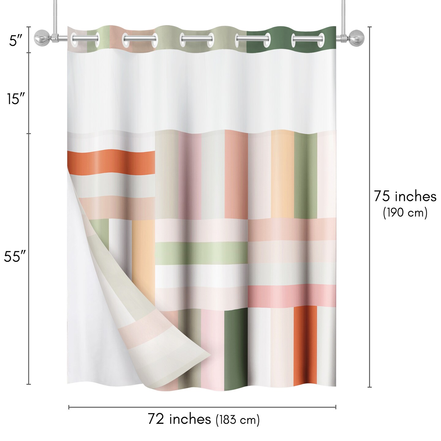 Americanflat 72x75 Hookless Shower Curtain - Abstract Pink Green Orange Shower Curtain with Sheer Panel, Snap-In Liner, and Grommets - 100% Polyester