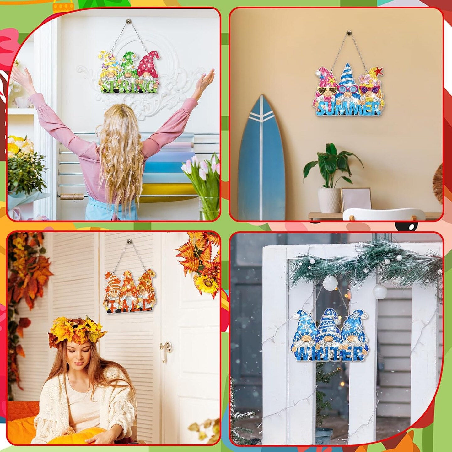 12 Pcs Seasonal Gnome Diamond Art Wreath Kits Diamond Art Gnomes Hanging Signs 5d DIY Gnome Ornaments