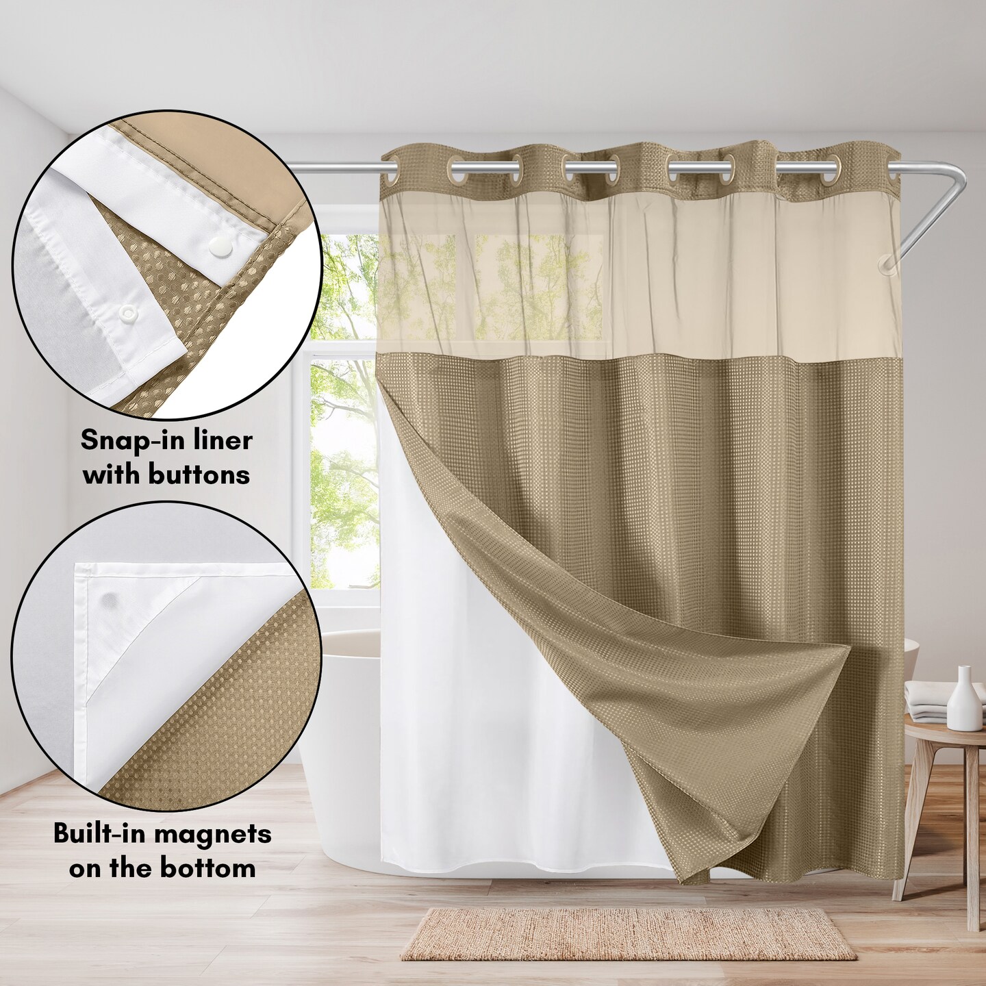 Americanflat 72x75 Hookless Waffle Pattern Shower Curtain - Water-Resistant Long Shower Curtain with Sheer Panel, Snap-In Liner, and Grommets