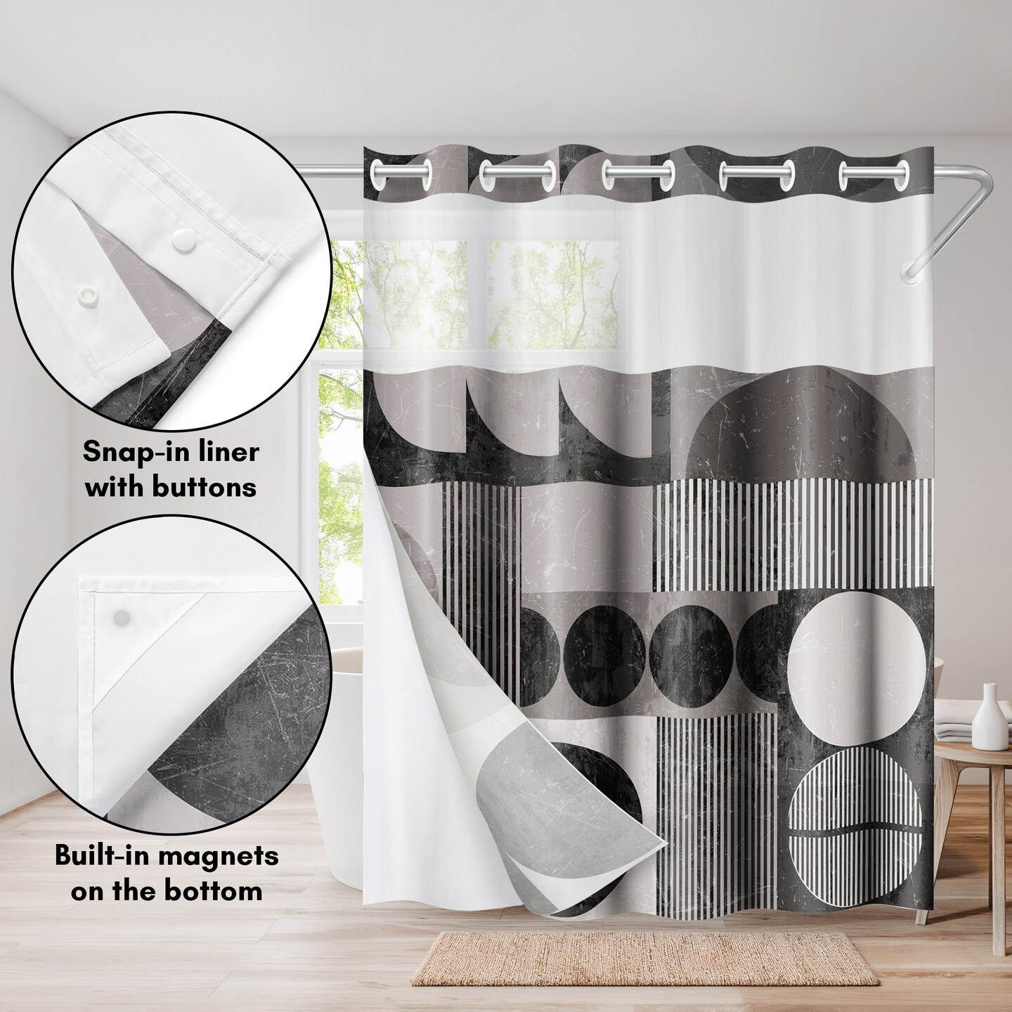 Americanflat 72x75 Hookless Shower Curtain - Abstract Shower Black Grey Curtain with Sheer Panel, Snap-In Liner, and Grommets