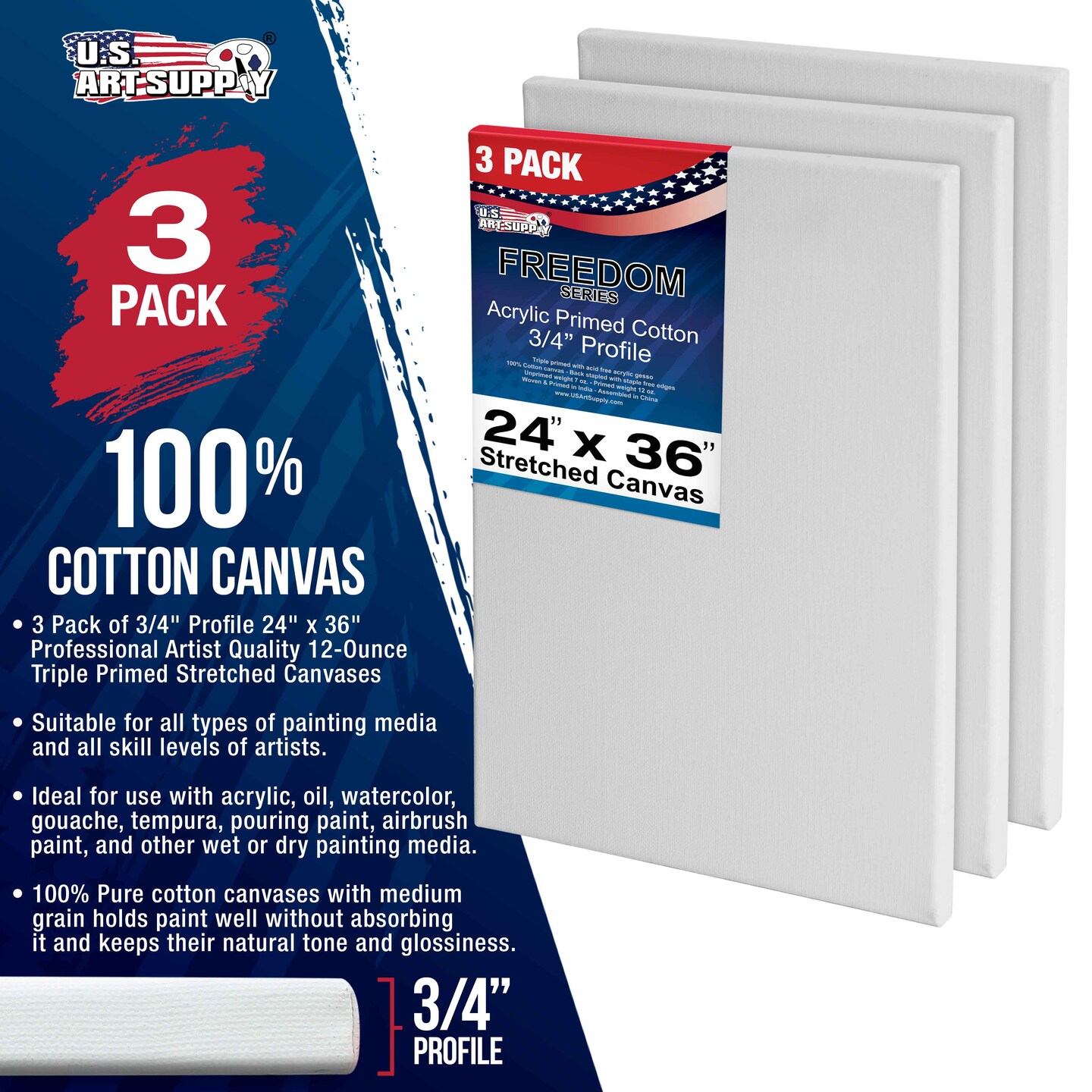 24 x 36 inch Stretched Canvas 12-Ounce Triple Primed, 3-Pack - Professional Artist Quality White Blank 3/4&#x22; Profile, 100% Cotton, Heavy-Weight Gesso