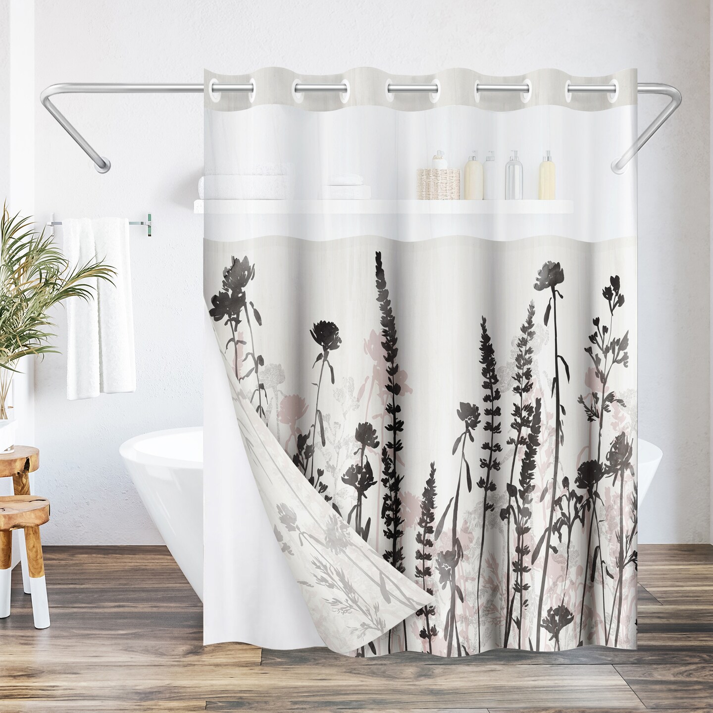 Americanflat 72x75 Hookless Shower Curtain - Floral Cream and Red Shower Curtain with Sheer Panel, Snap-In Liner, and Grommets - 100% Polyester