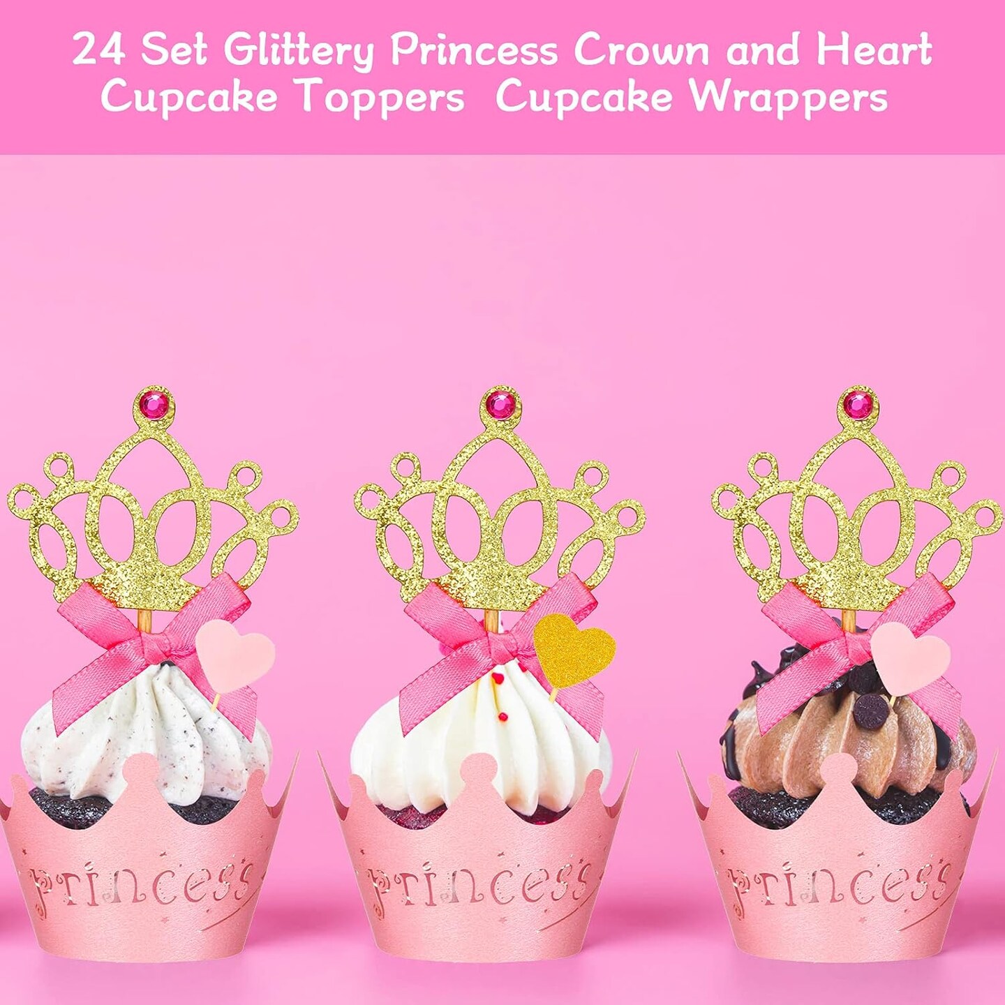 72 Pieces Glittery Princess Cupcake Toppers Crown Wrapper Holder Pink Gold Crown Tiara Pick Glitter Heart Cupcake Topper Baby Shower Decoration for Birthday Wedding Party Decor